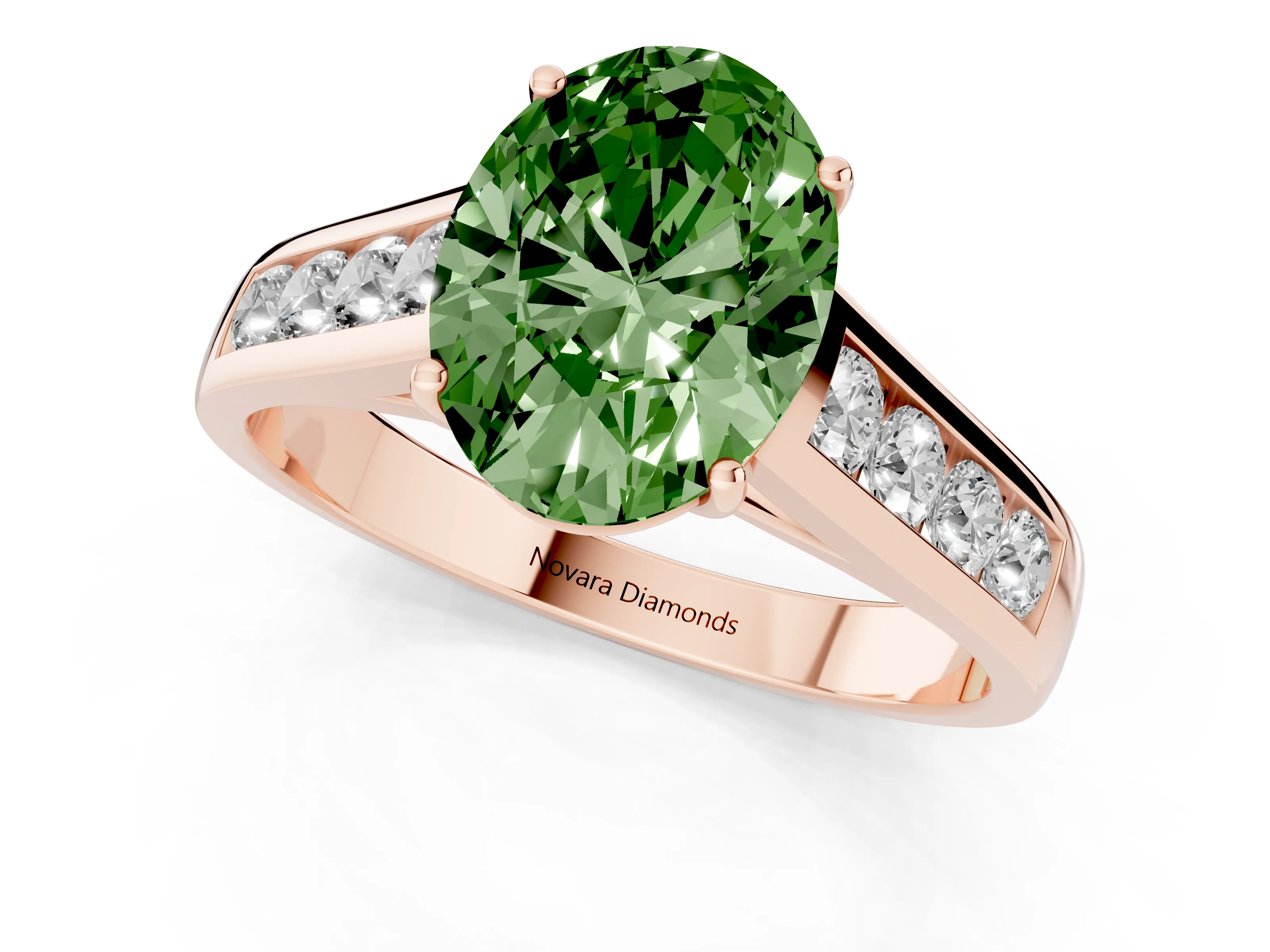 Fancy Green Oval Cut Diamond Solitaire Channel-Set Engagement Ring Set in Rose gold with Prong Setting