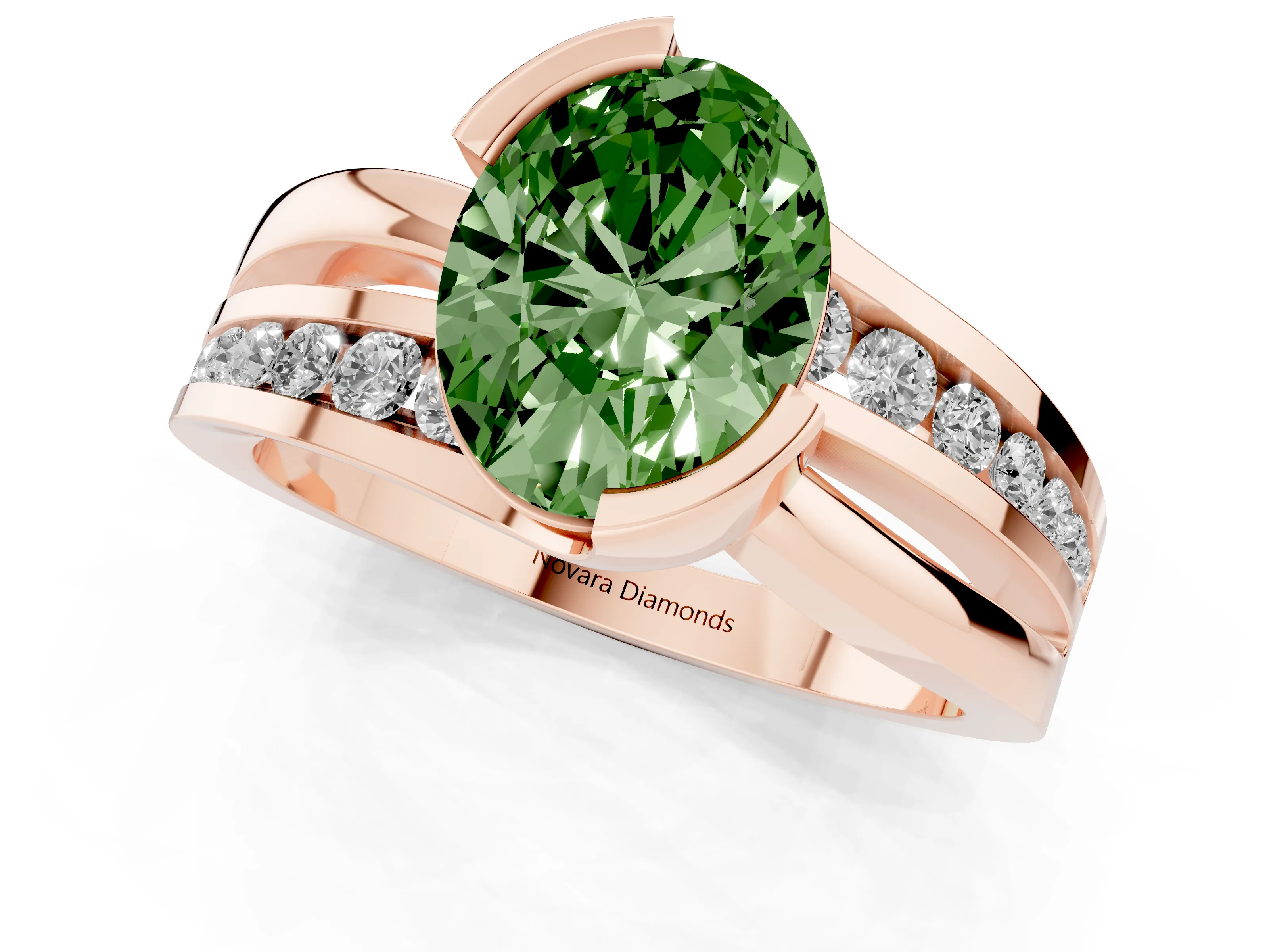 Fancy Green Oval Cut Diamond Solitaire Ring Set in Rose gold with Channel Set Split Shank and Tension Prongs
