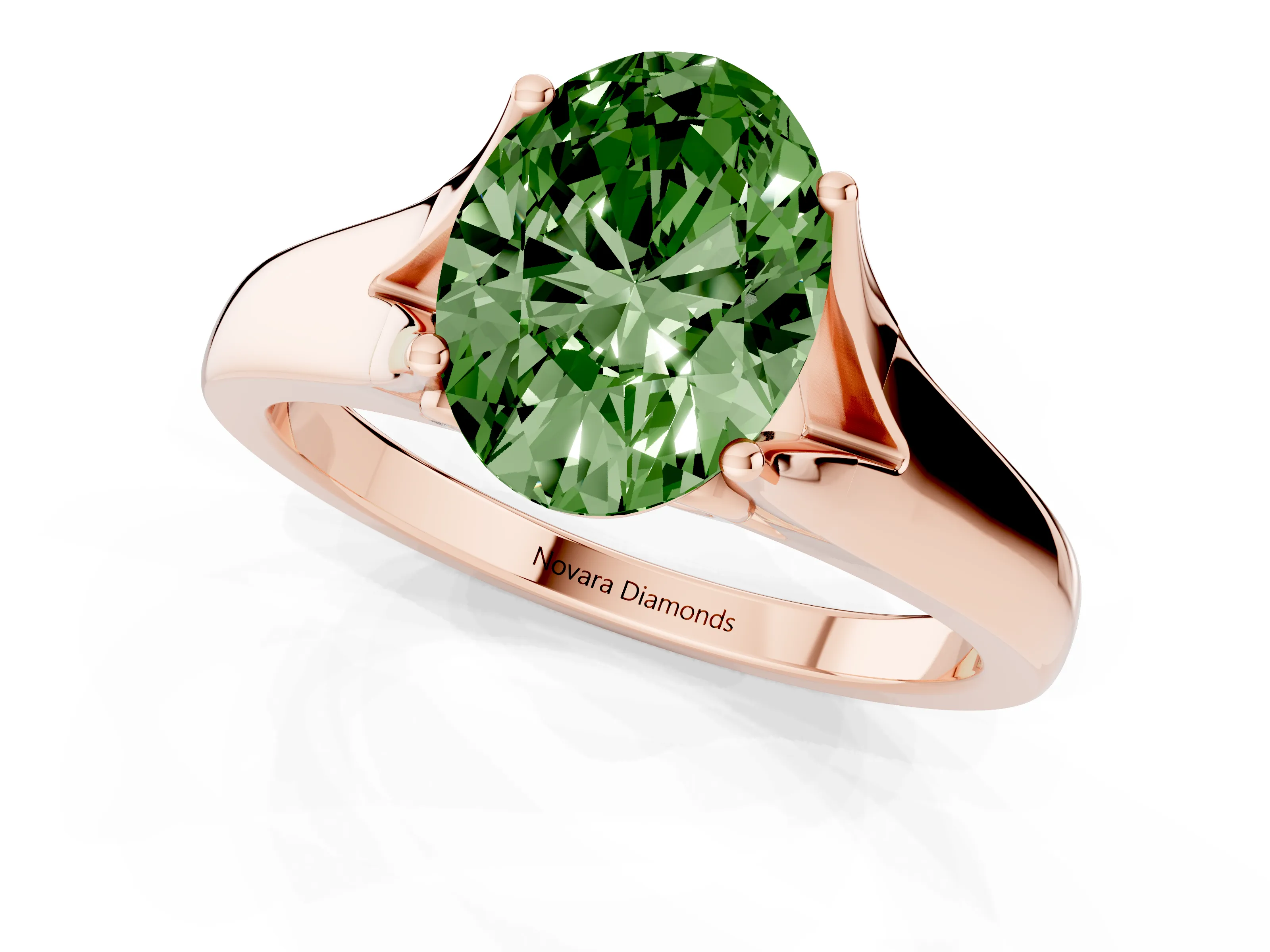 Fancy Green Oval Cut Diamond Solitaire Ring Set in Rose gold with Arched Cathedral Band and Prong Setting