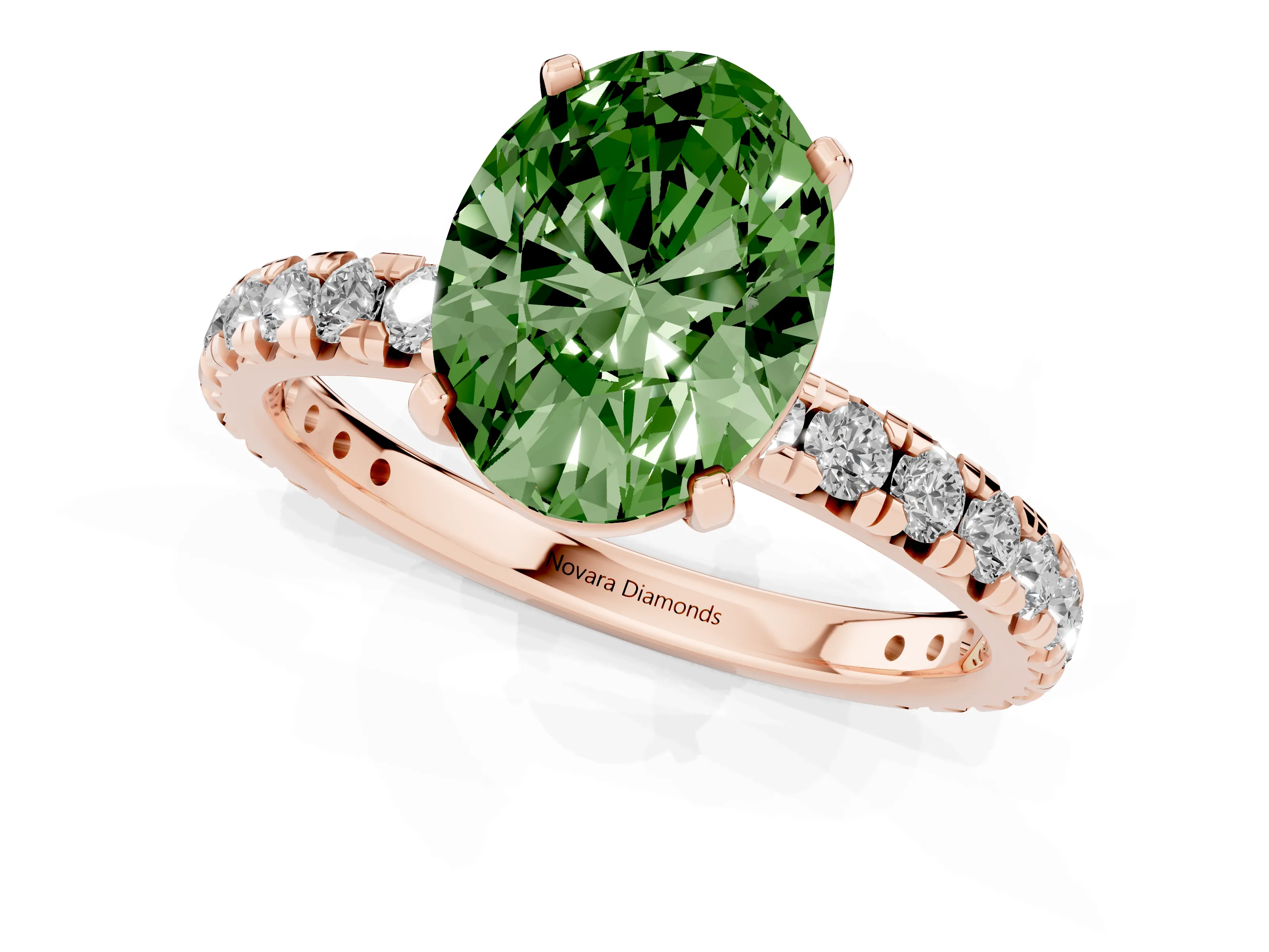 Fancy Green Oval Cut Diamond Pavé Solitaire Ring Set in Rose gold with Round Band and Prong Setting