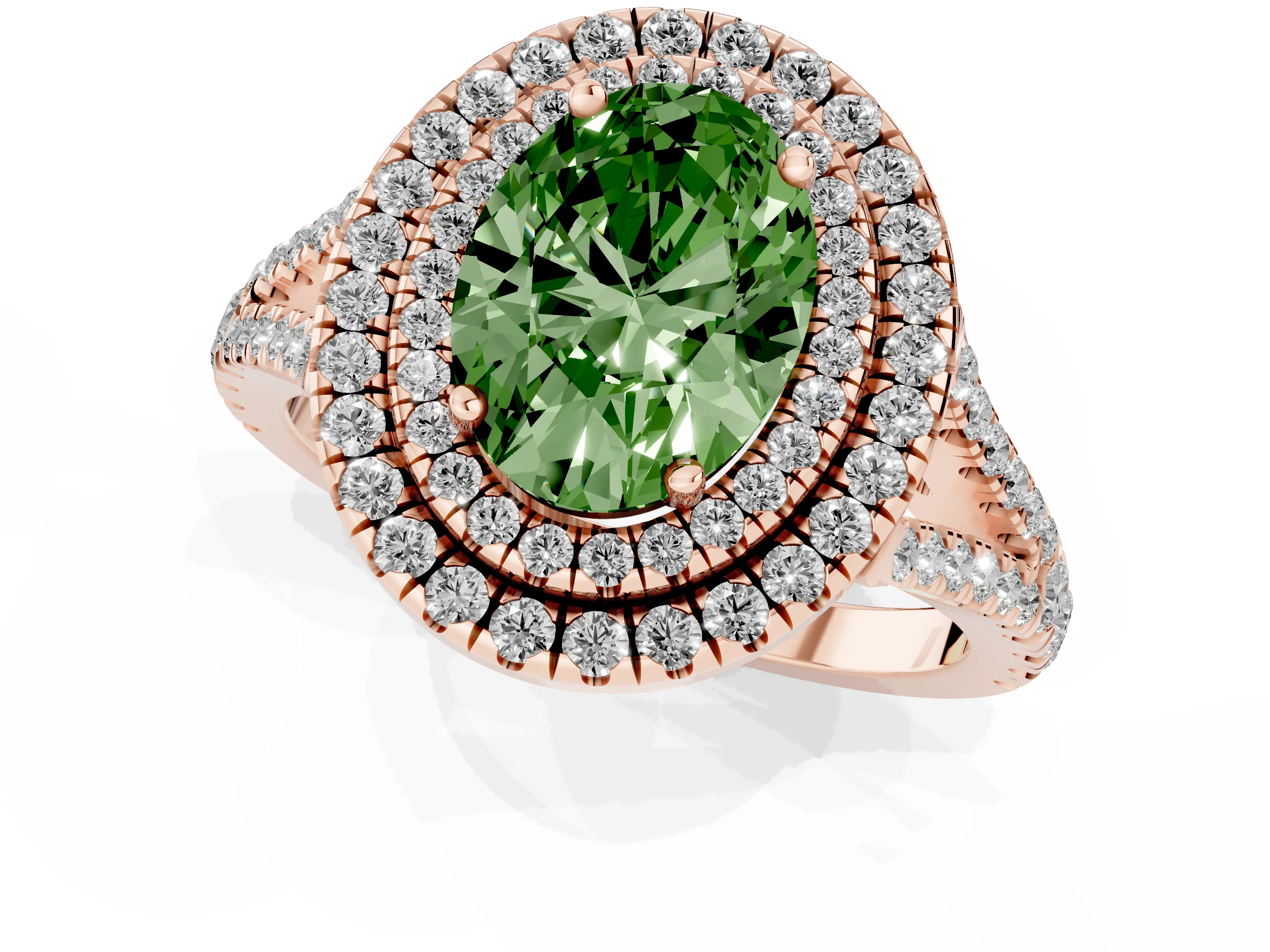 Fancy Green Oval Cut Diamond Double Halo Ring Set in Rose gold with Pavé Band