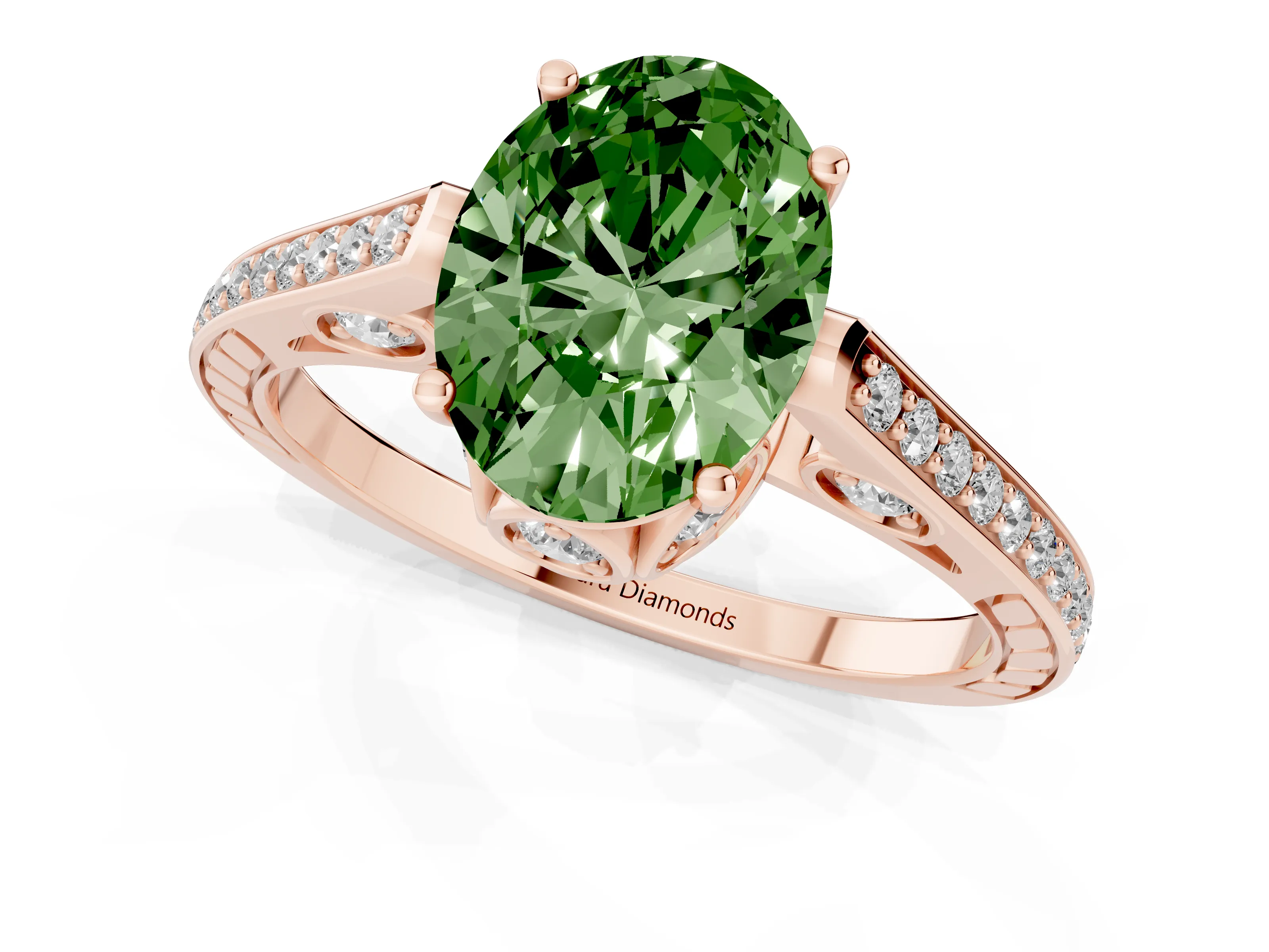 Fancy Green Oval Cut Diamond Cathedral Pavé Engagement Ring Set in Rose gold with Prong Setting
