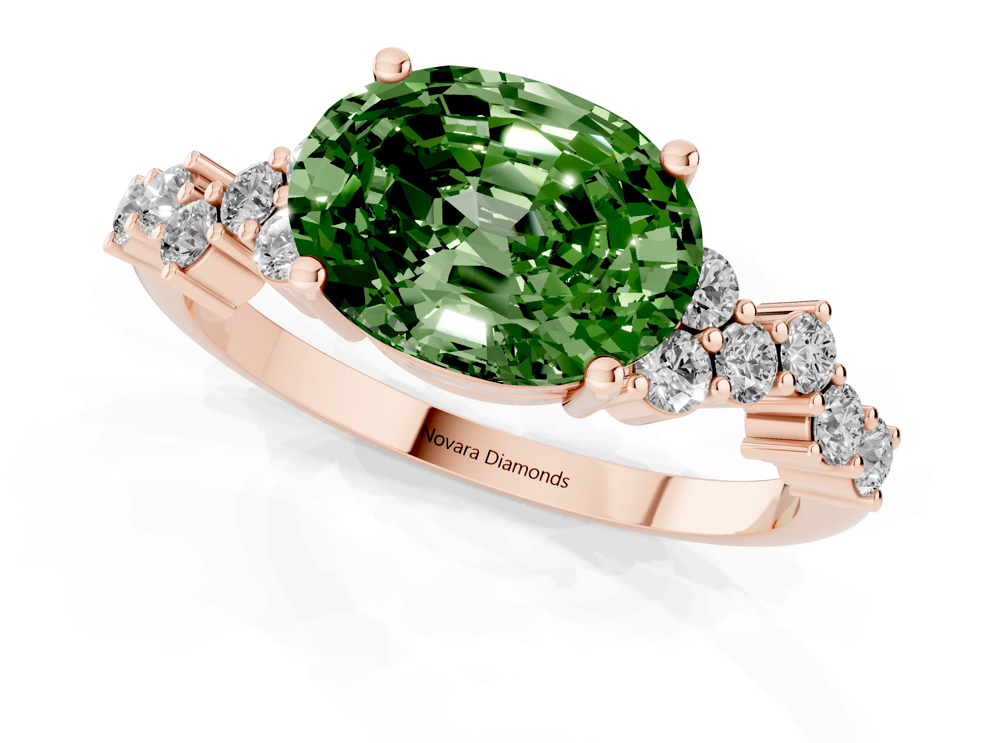 Fancy Green Oval Cut Diamond Ring Set in Rose gold with Scattered Round Accents