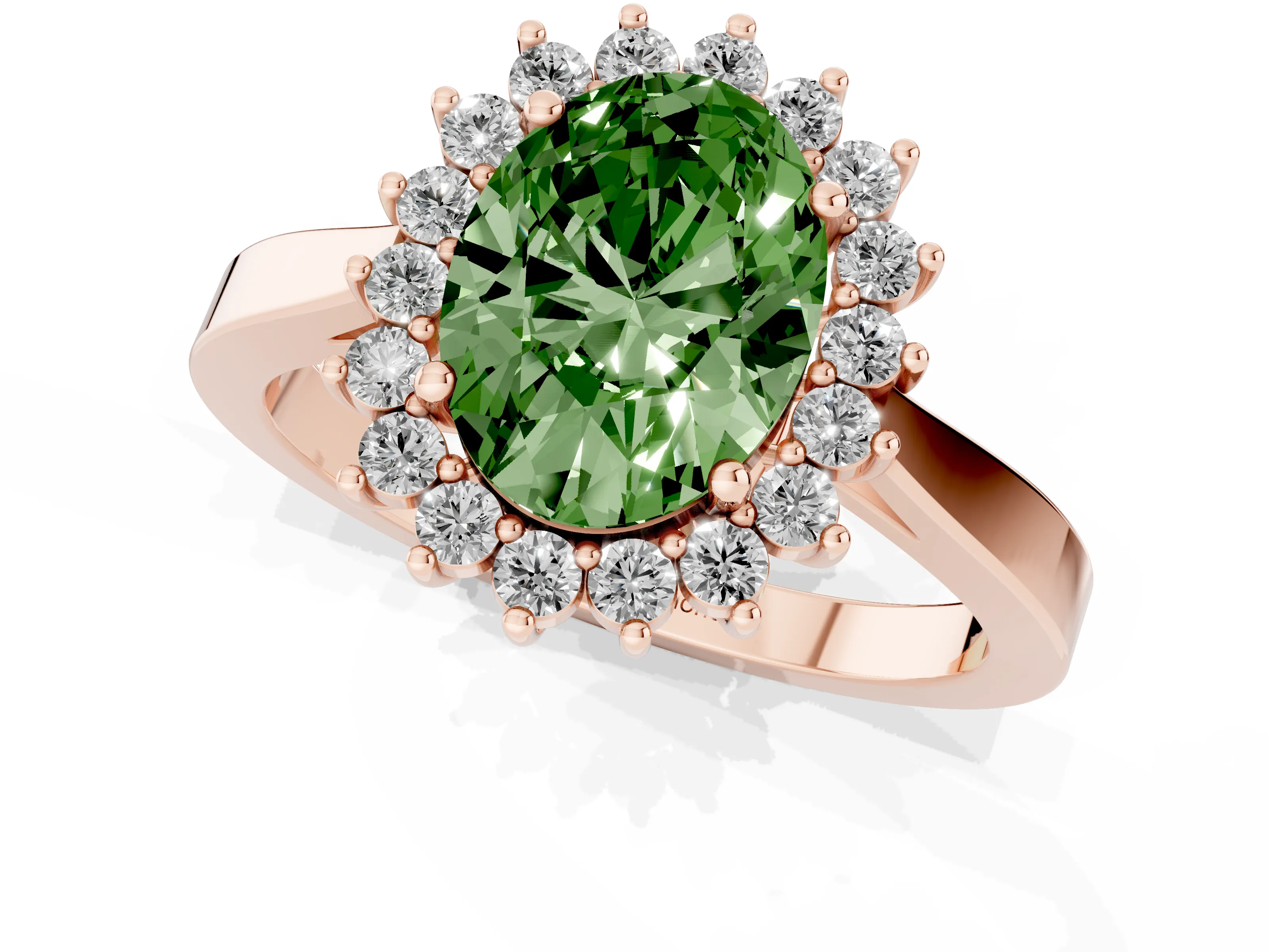 Fancy Green Oval Cut Diamond Halo Ring Set in Rose gold with Round Halo and Smooth Solitaire Band