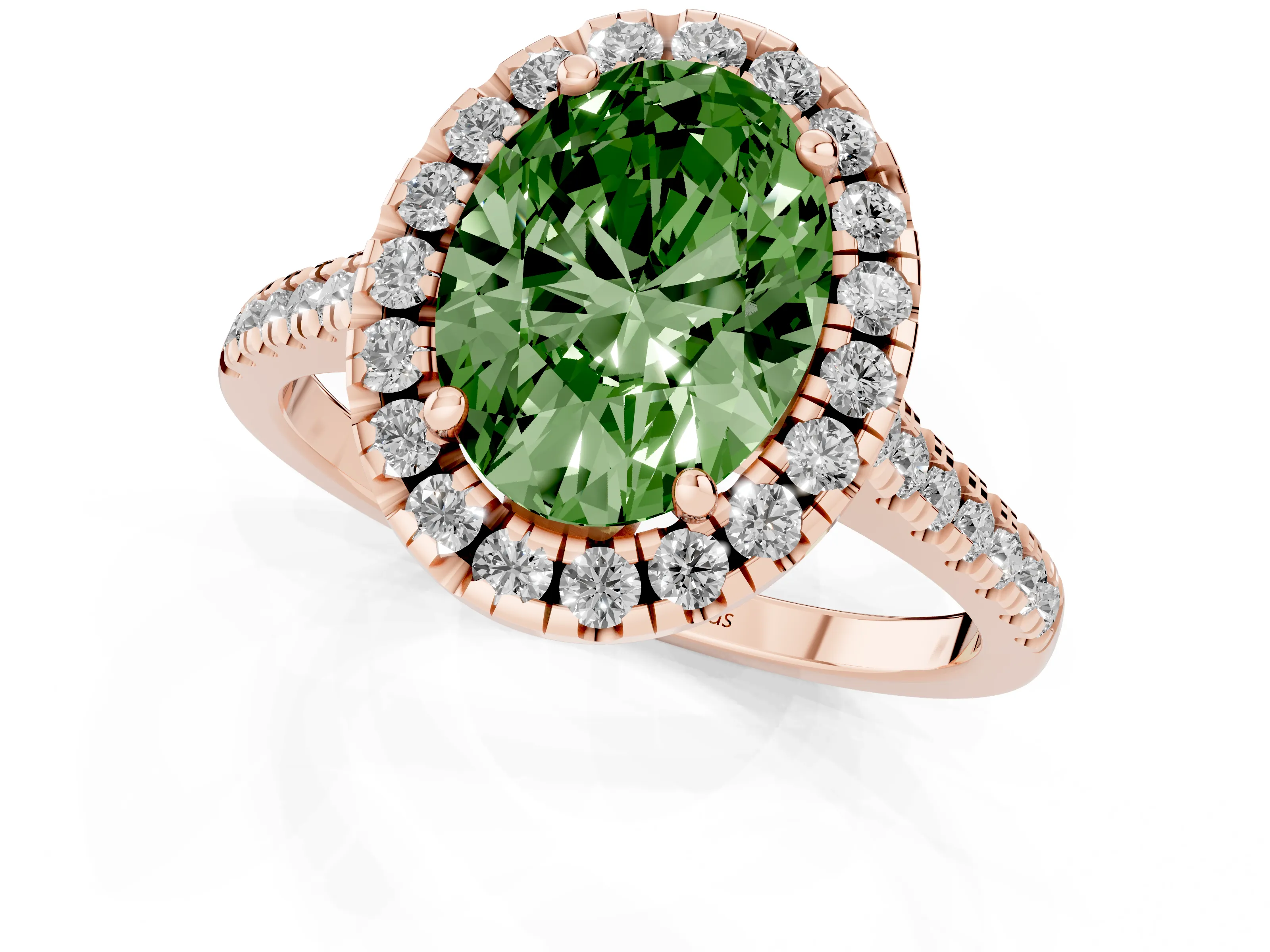 Fancy Green Oval Cut Diamond Cushion Halo Ring Set in Rose gold with Pavé Band