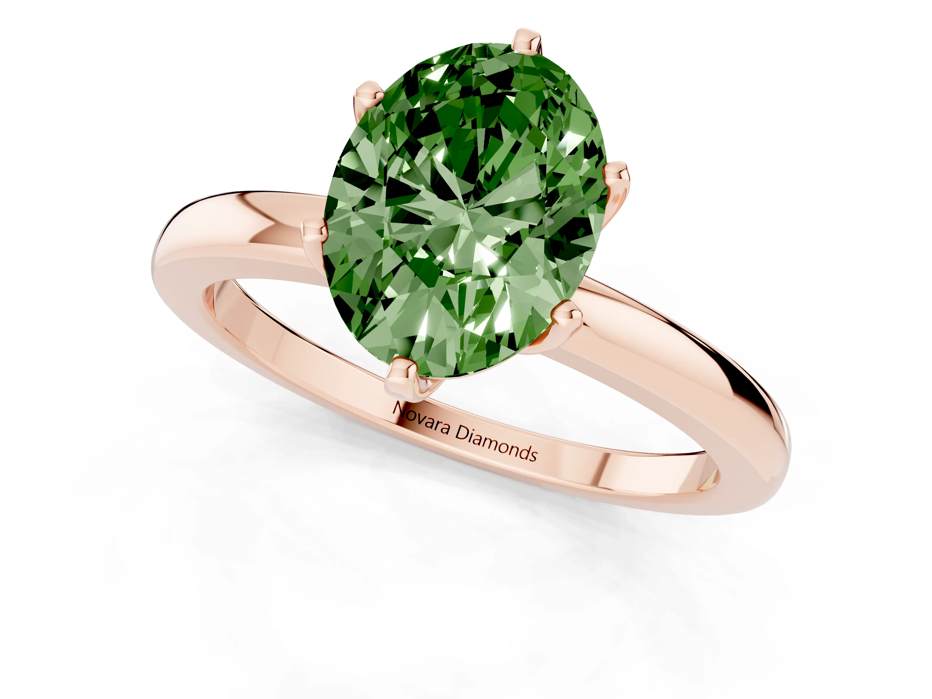 Fancy Green Oval Cut Diamond Solitaire Ring Set in Rose gold with Raised Prong Setting on a Classic Band