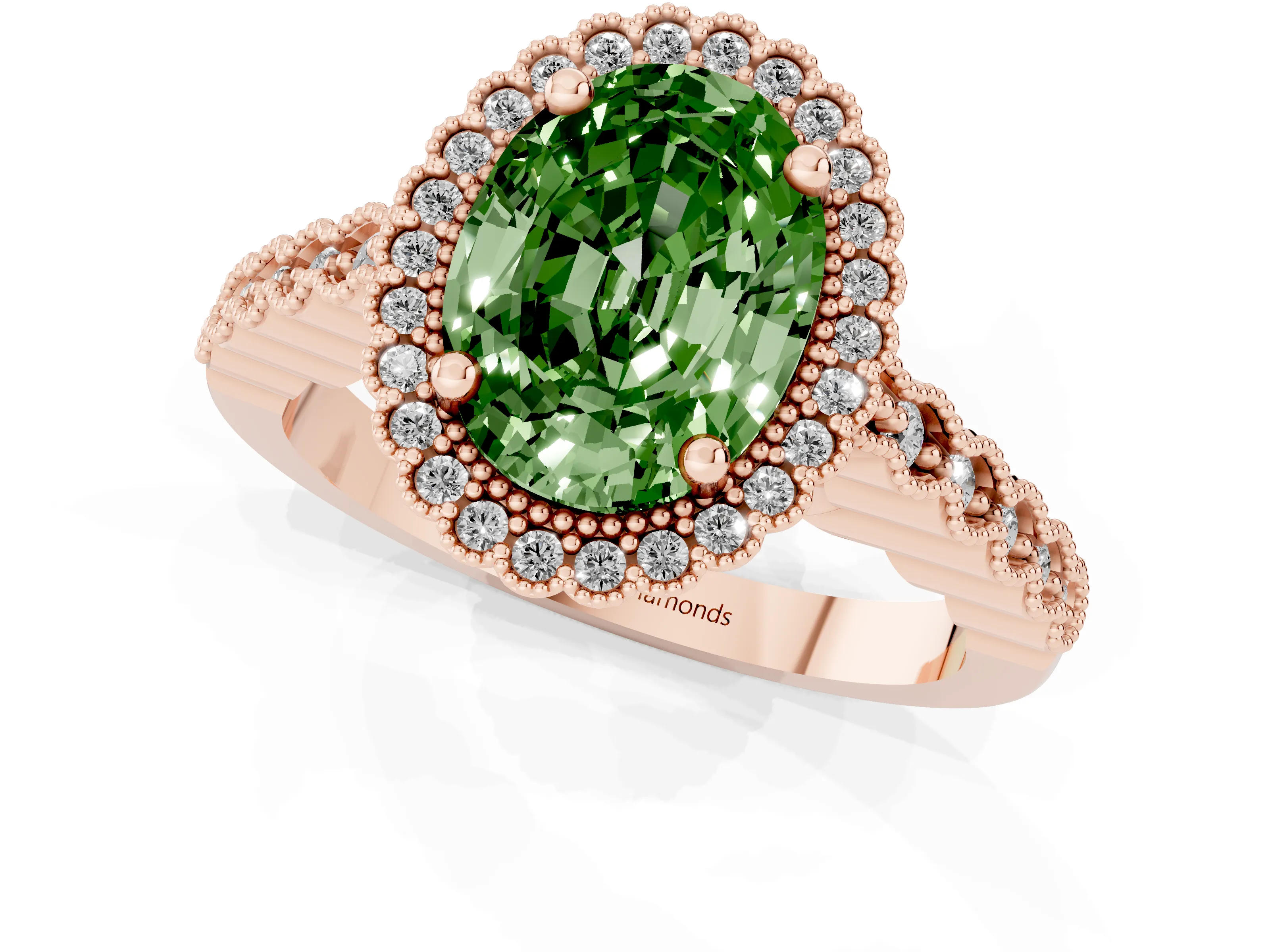 Fancy Green Oval Cut Diamond Halo Ring Set in Rose gold with Pavé Milgrain Band