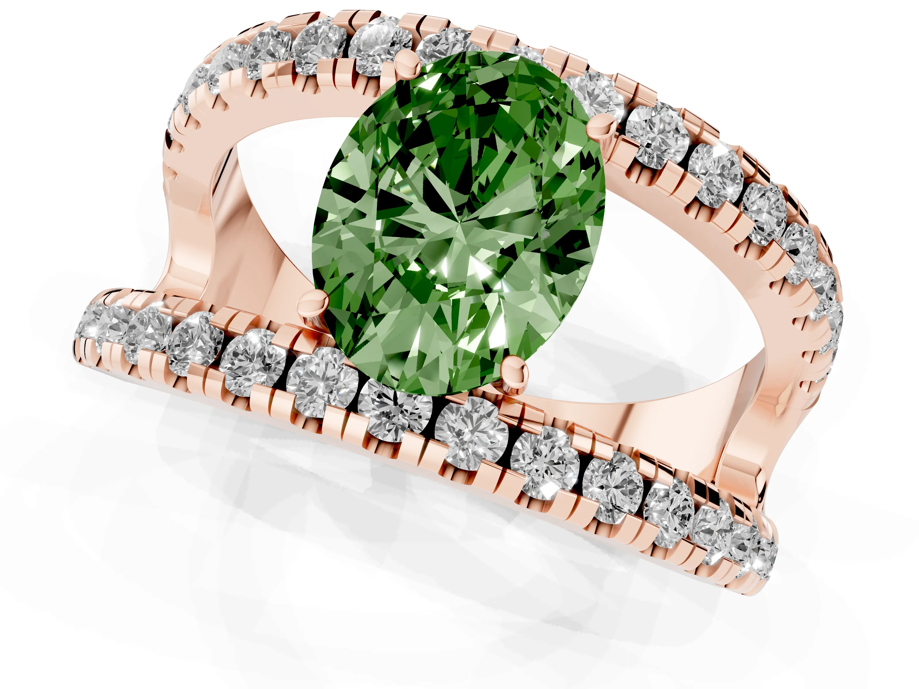Fancy Green Oval Cut Diamond Split Shank Pavé Solitaire Ring Set in Rose gold with Open Shank Design