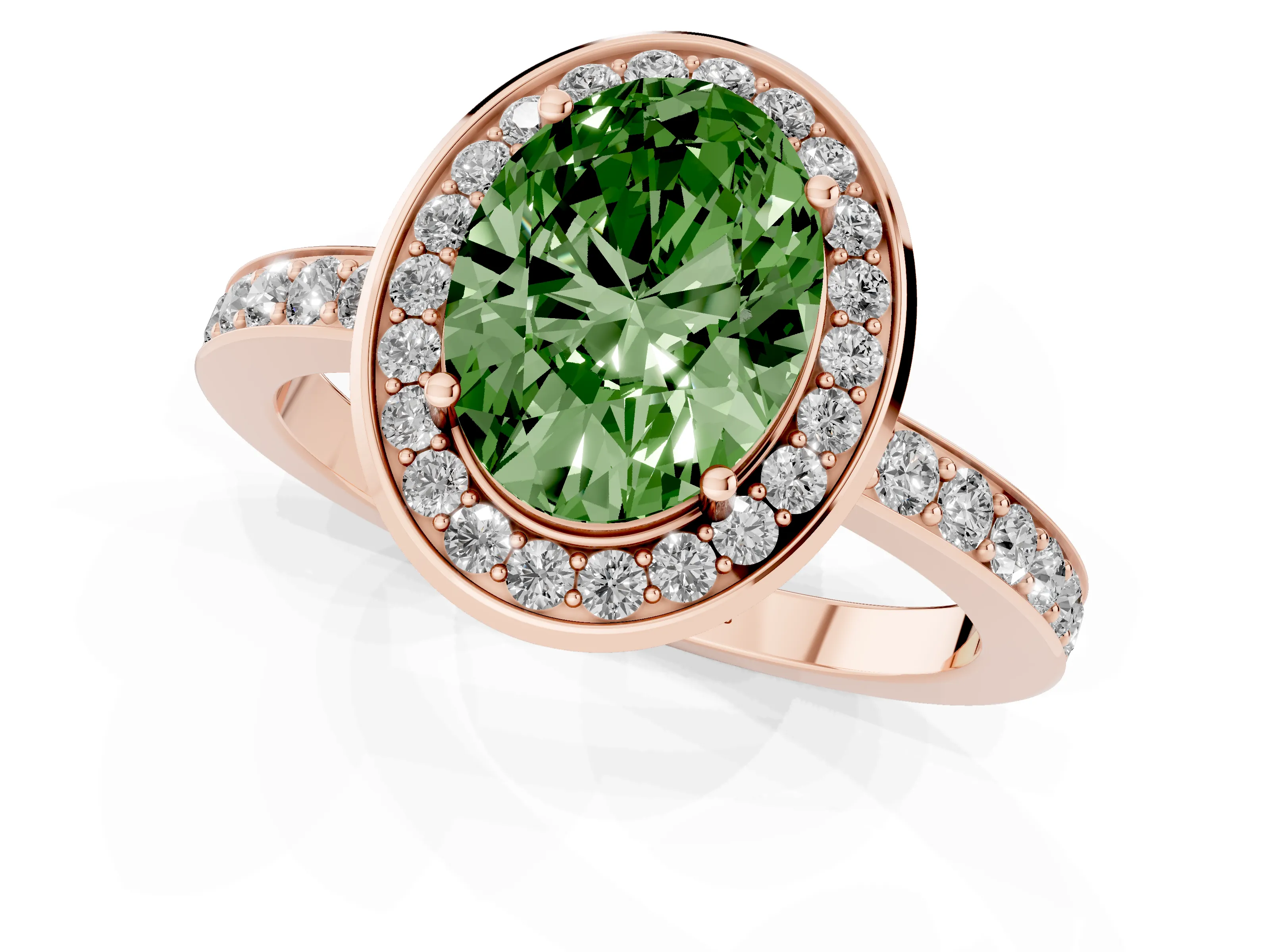 Fancy Green Oval Cut Diamond Halo Ring Set in Rose gold with Bezel Frame and Pavé Band
