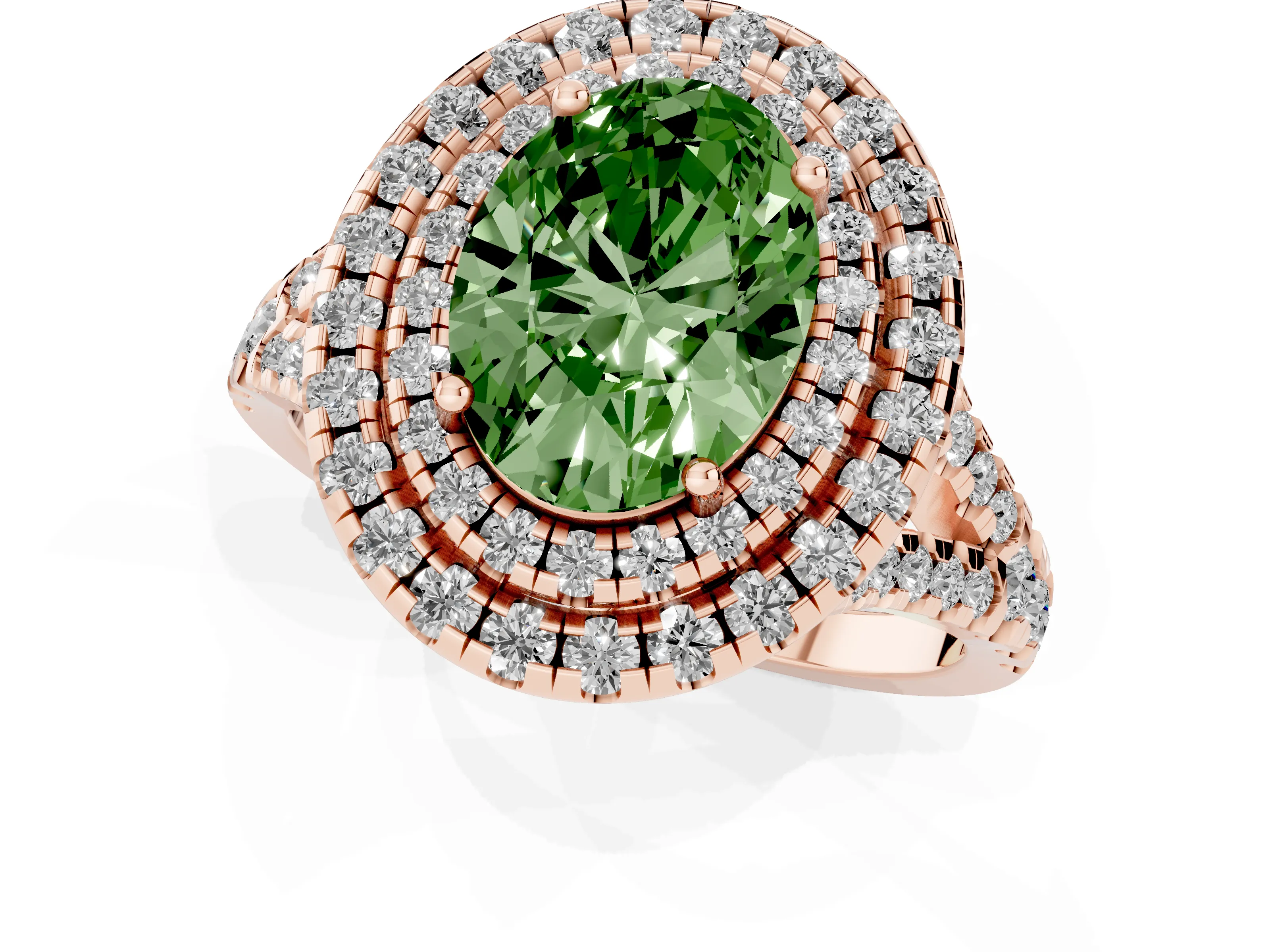 Fancy Green Oval Cut Diamond Double Halo Ring Set in Rose gold with Pavé Split Shank and Prong Setting