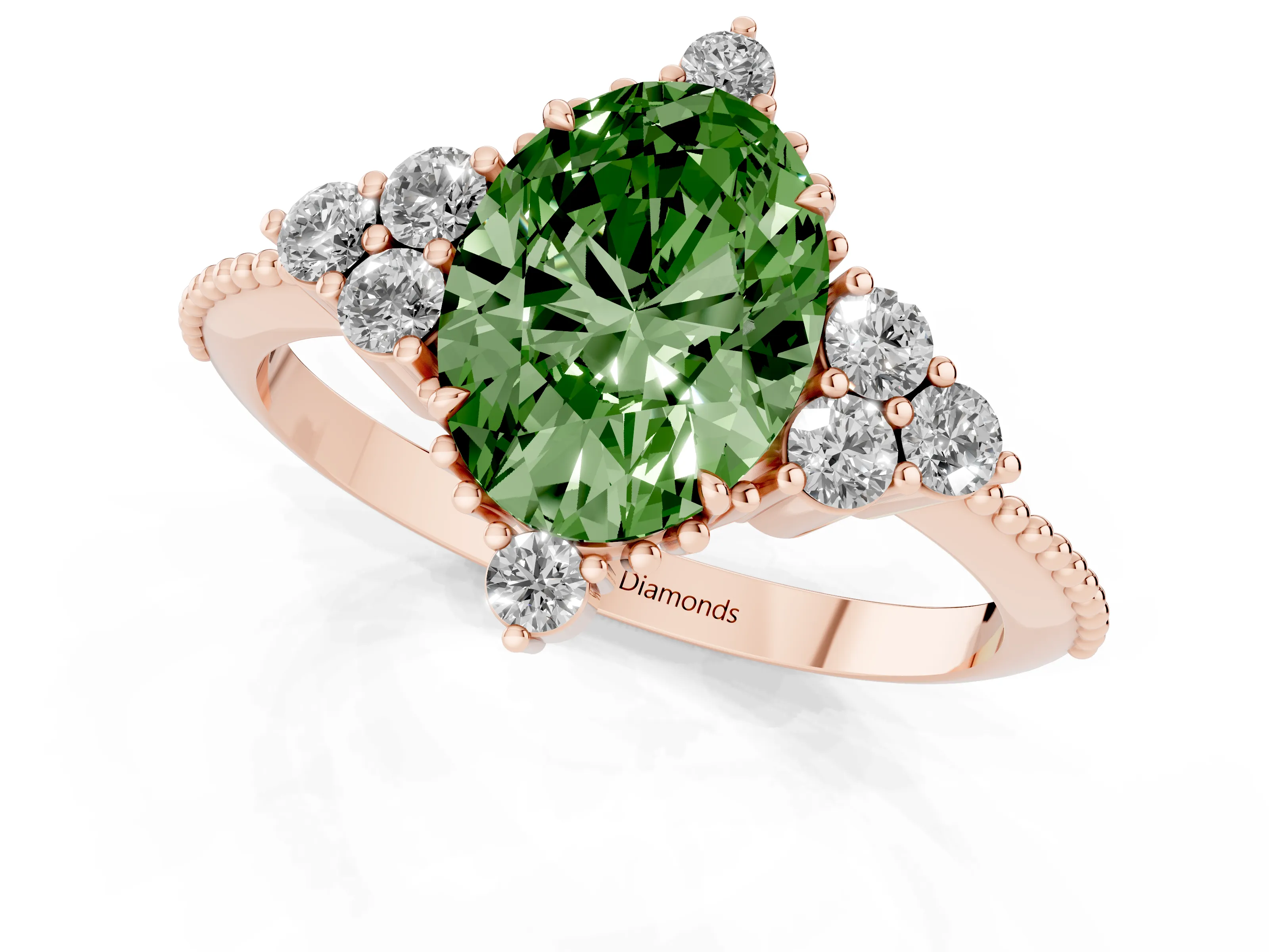 Fancy Green Oval Cut Diamond Cluster Ring Set in Rose gold with Beaded Band