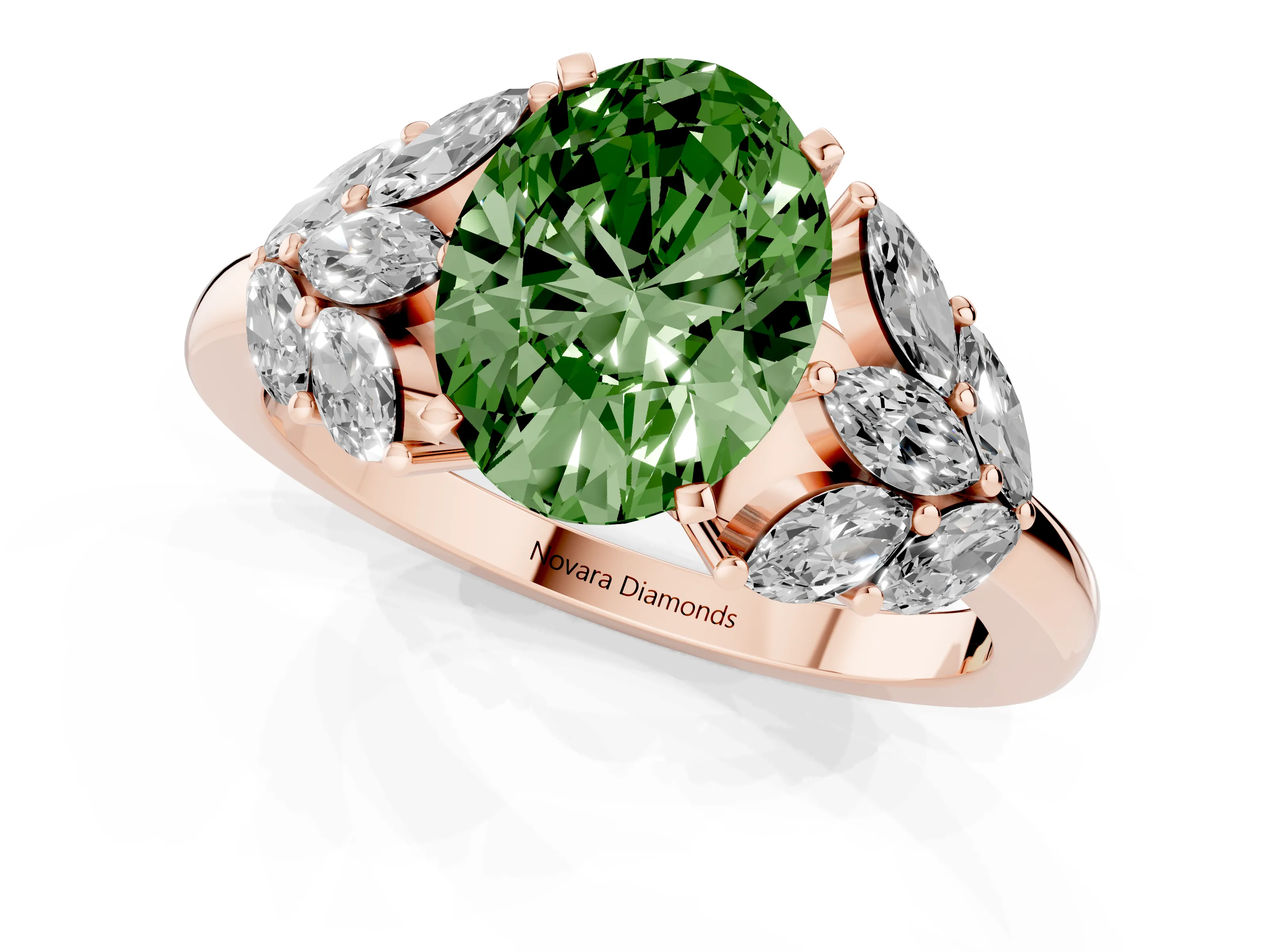 Fancy Green Oval Cut Diamond Cluster Leaf Design Ring Set in Rose gold with Prong Setting