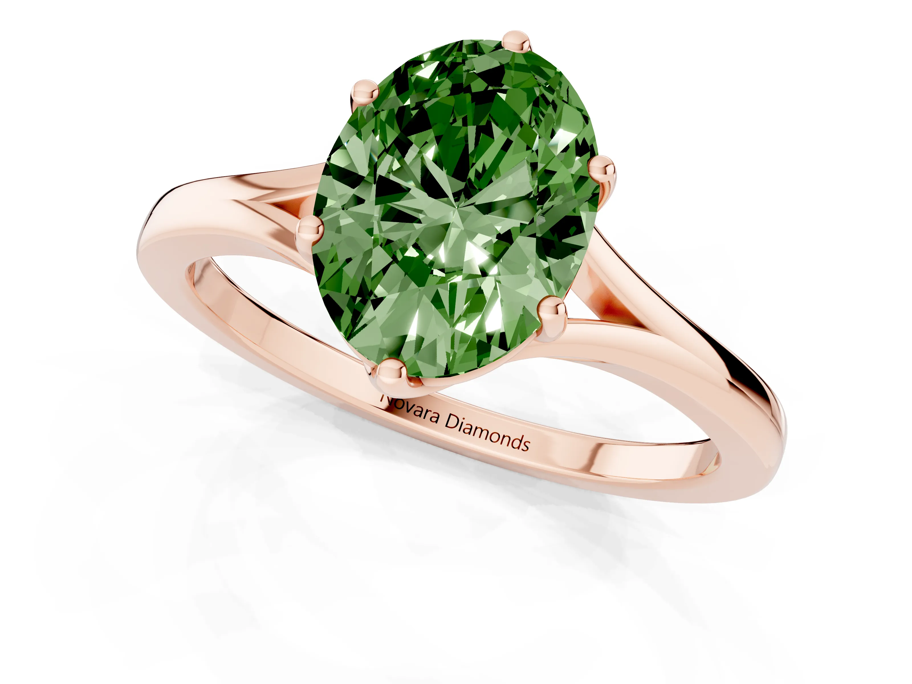 Fancy Green Oval Cut Diamond Solitaire Ring Set in Rose gold with Polished Tapered Band and Prong Setting