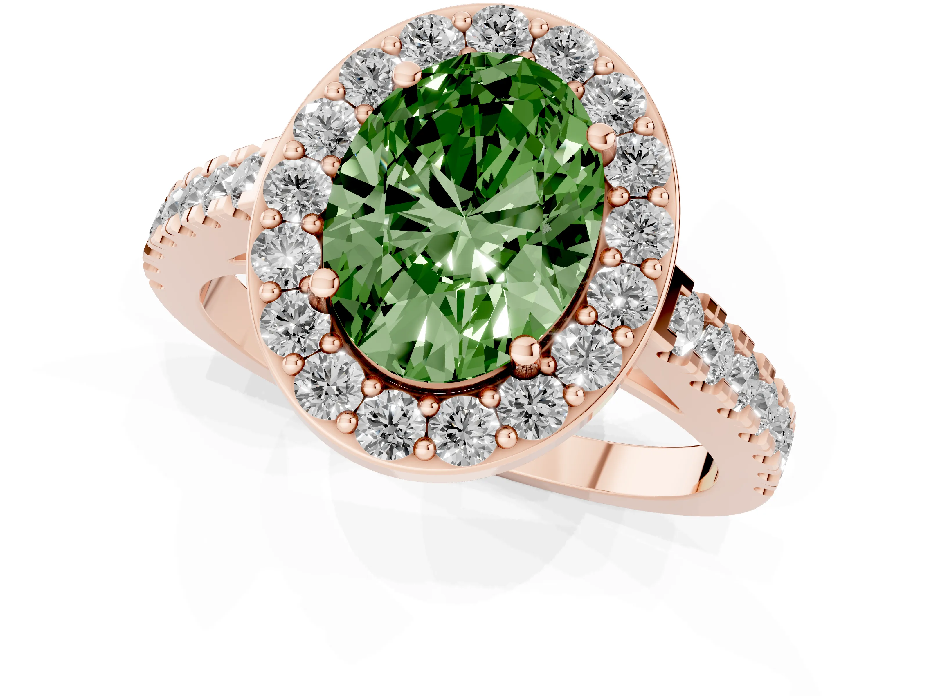 Fancy Green Oval Cut Diamond Halo Ring Set in Rose gold with Round Pavé Split Shank and Prong Setting