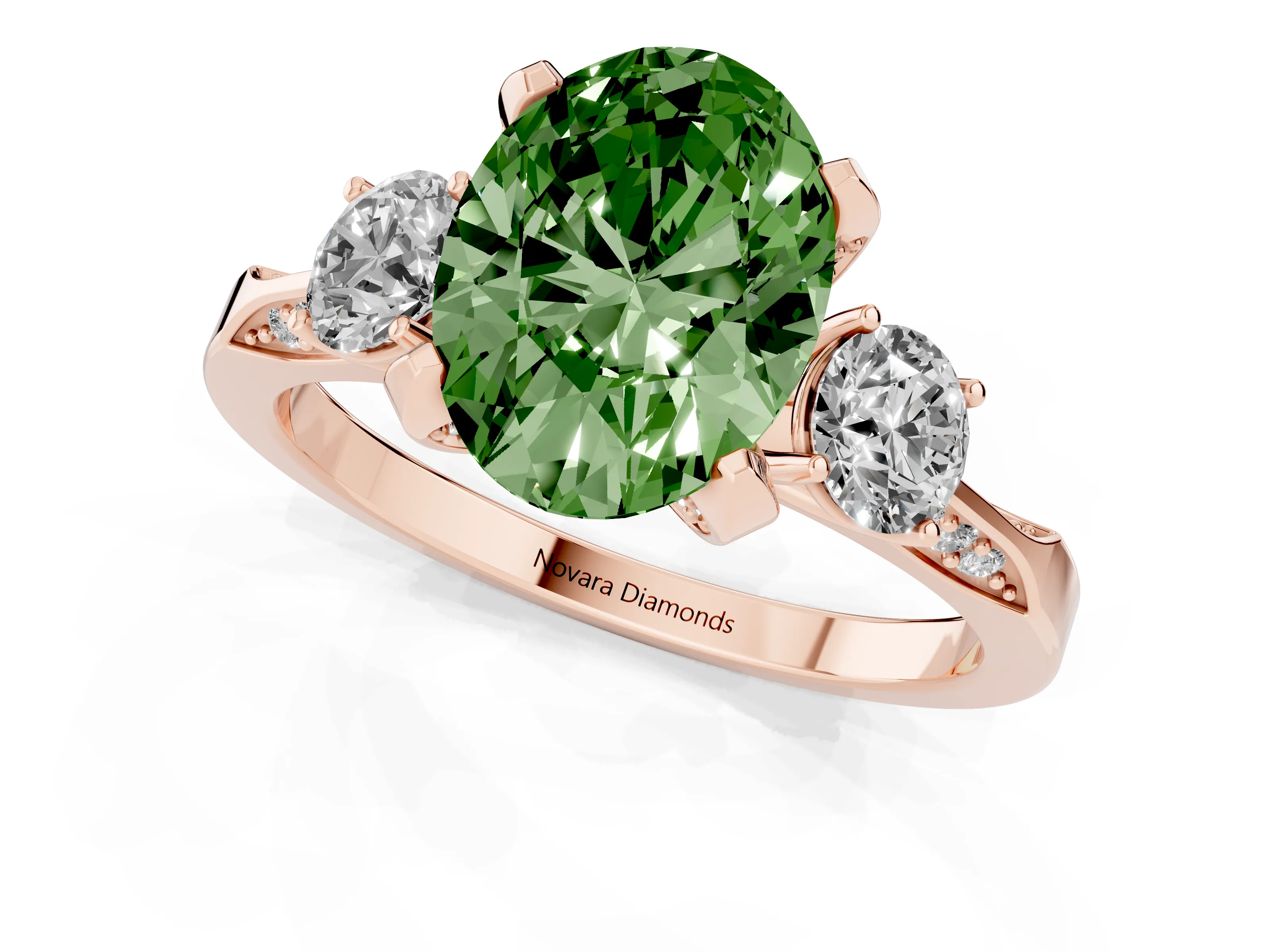 Fancy Green Oval Cut Diamond Three-Stone Ring Set in Rose gold with Pavé Band and Smaller Side Stones
