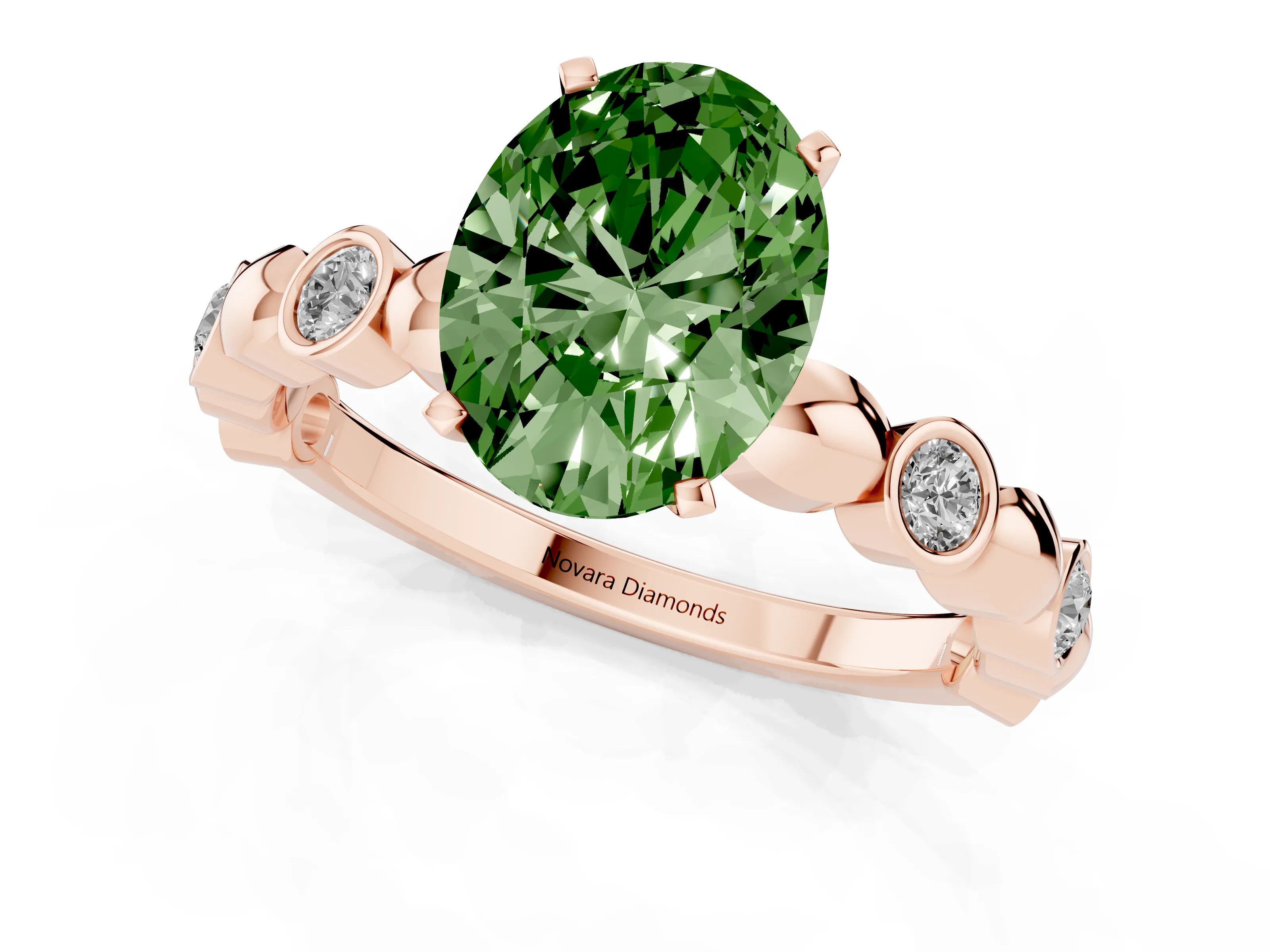 Fancy Green Oval Cut Diamond Solitaire Ring Set in Rose gold with Bezel-Set Accents on Beaded Band and Prong Setting