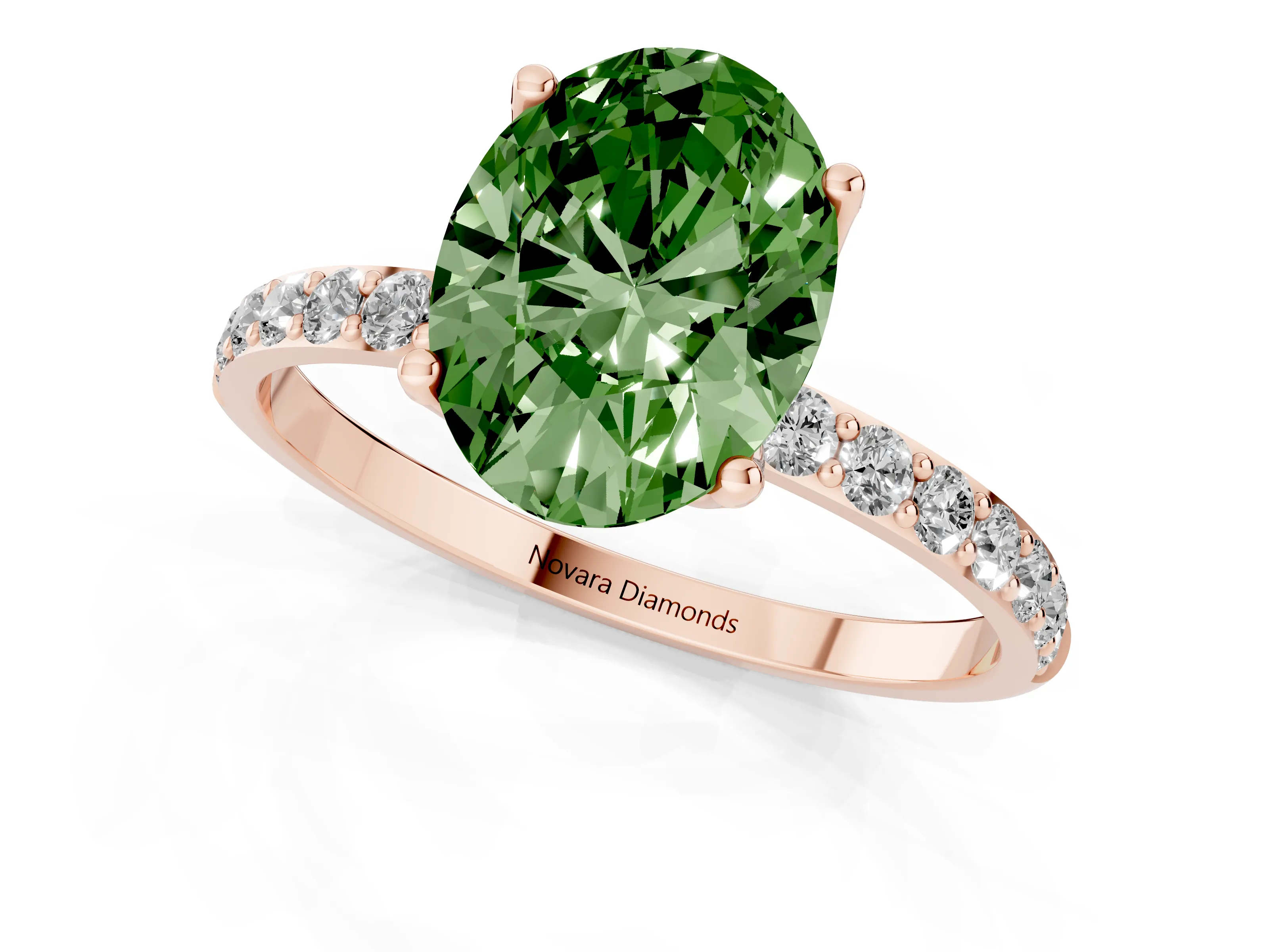 Fancy Green Oval Cut Diamond Solitaire Engagement Ring Set in Rose gold with Round Pavé Band and Prong Setting