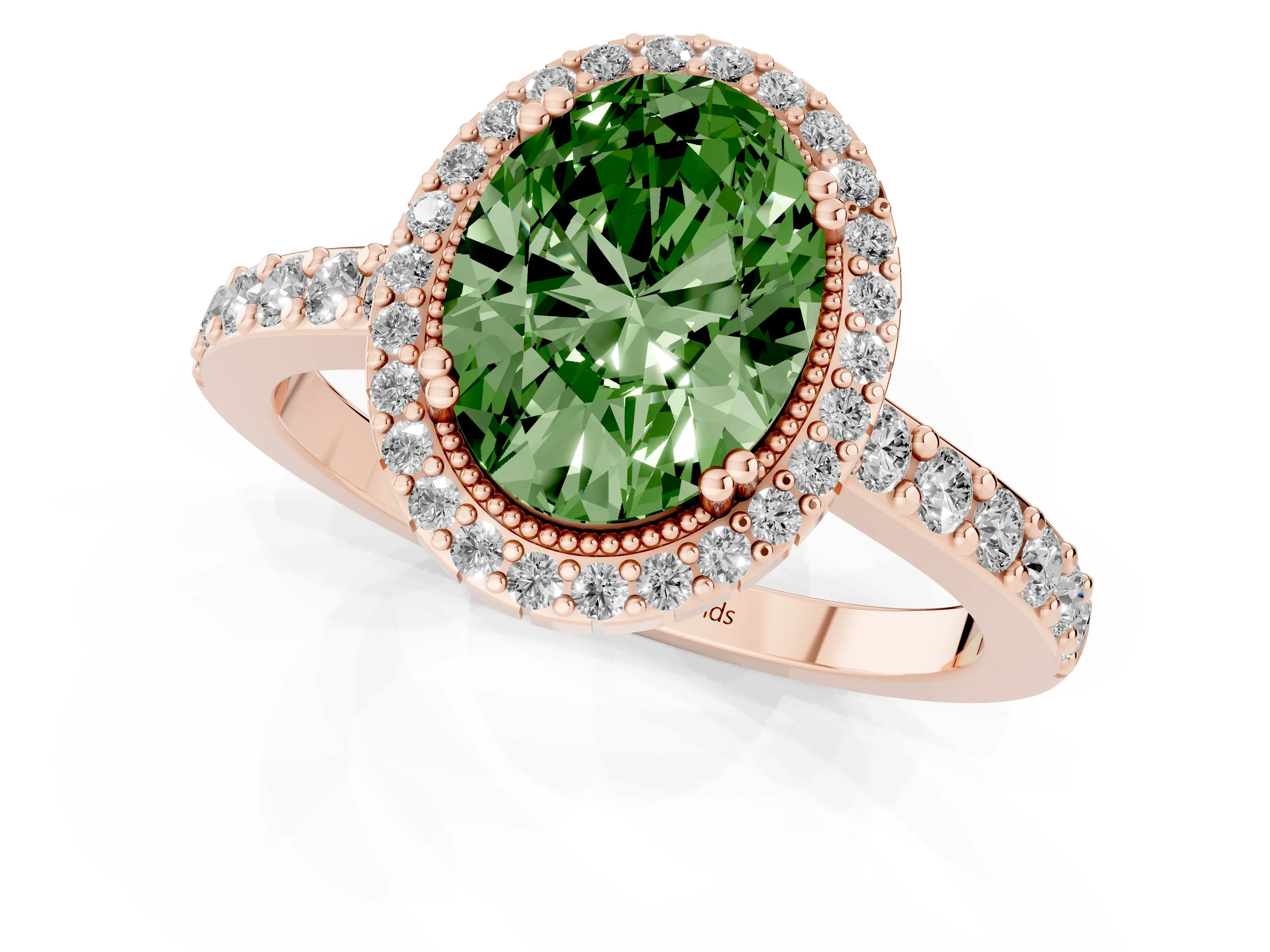 Fancy Green Oval Cut Diamond Halo Engagement Ring Set in Rose gold with Milgrain Detail and Pavé Band