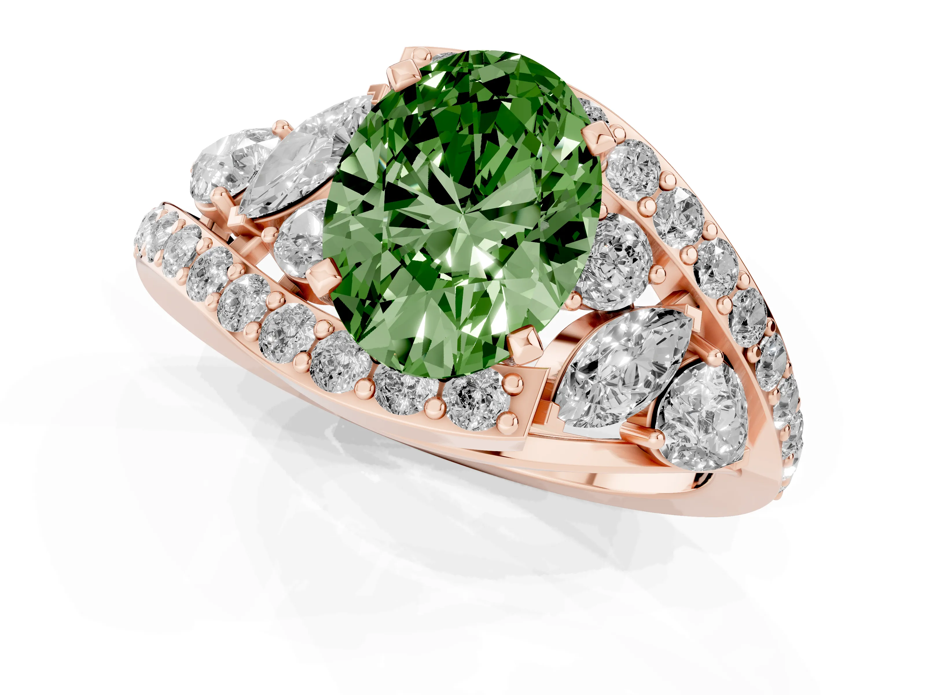 Fancy Green Oval Cut Diamond Halo Ring Set in Rose gold with Marquise and Pavé Band in Prong Setting