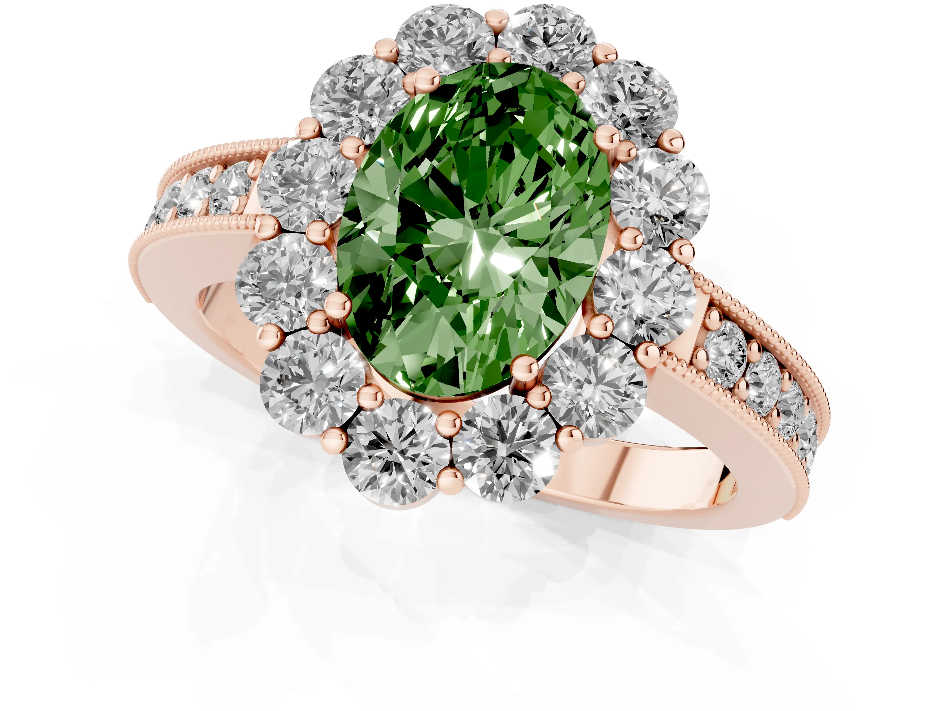 Fancy Green Oval Cut Diamond Halo Pavé Engagement Ring Set in Rose gold with Milgrain Detailing