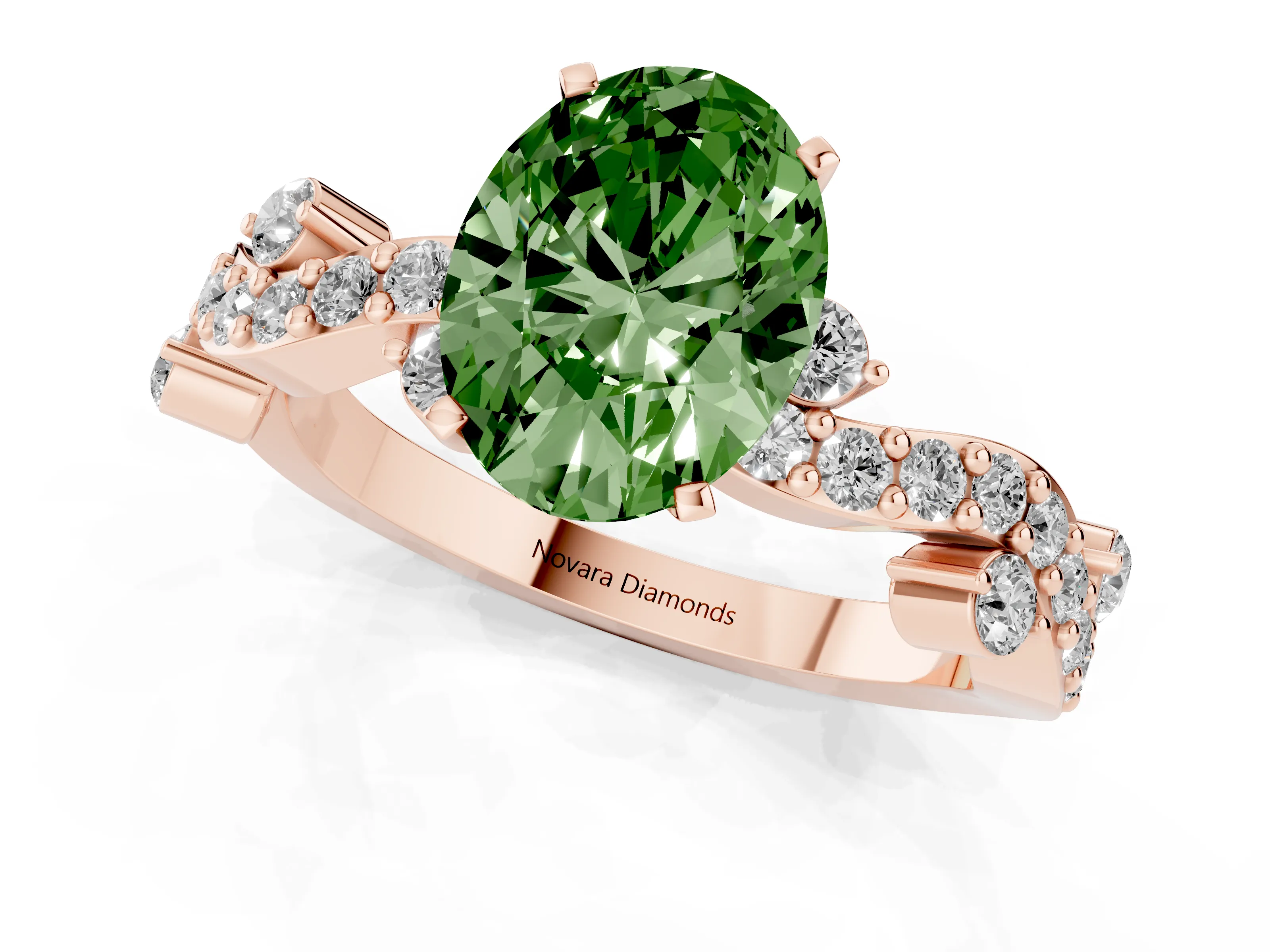 Fancy Green Oval Cut Diamond Solitaire Twisted Band Set in Rose gold with Pavé Setting