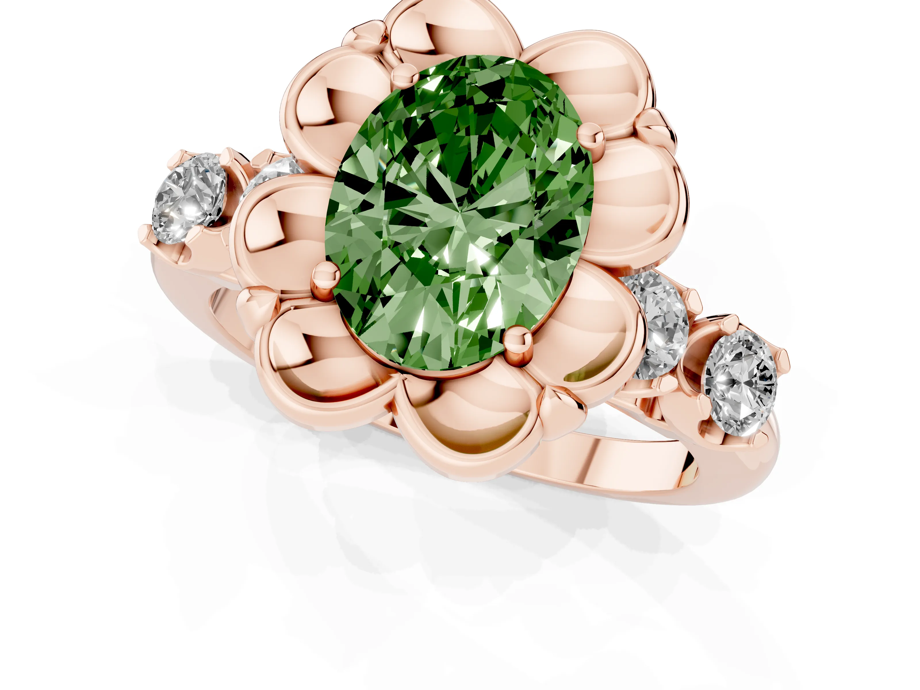 Fancy Green Oval Cut Diamond Floral Halo Ring Set in Rose gold with Shared Prong Band