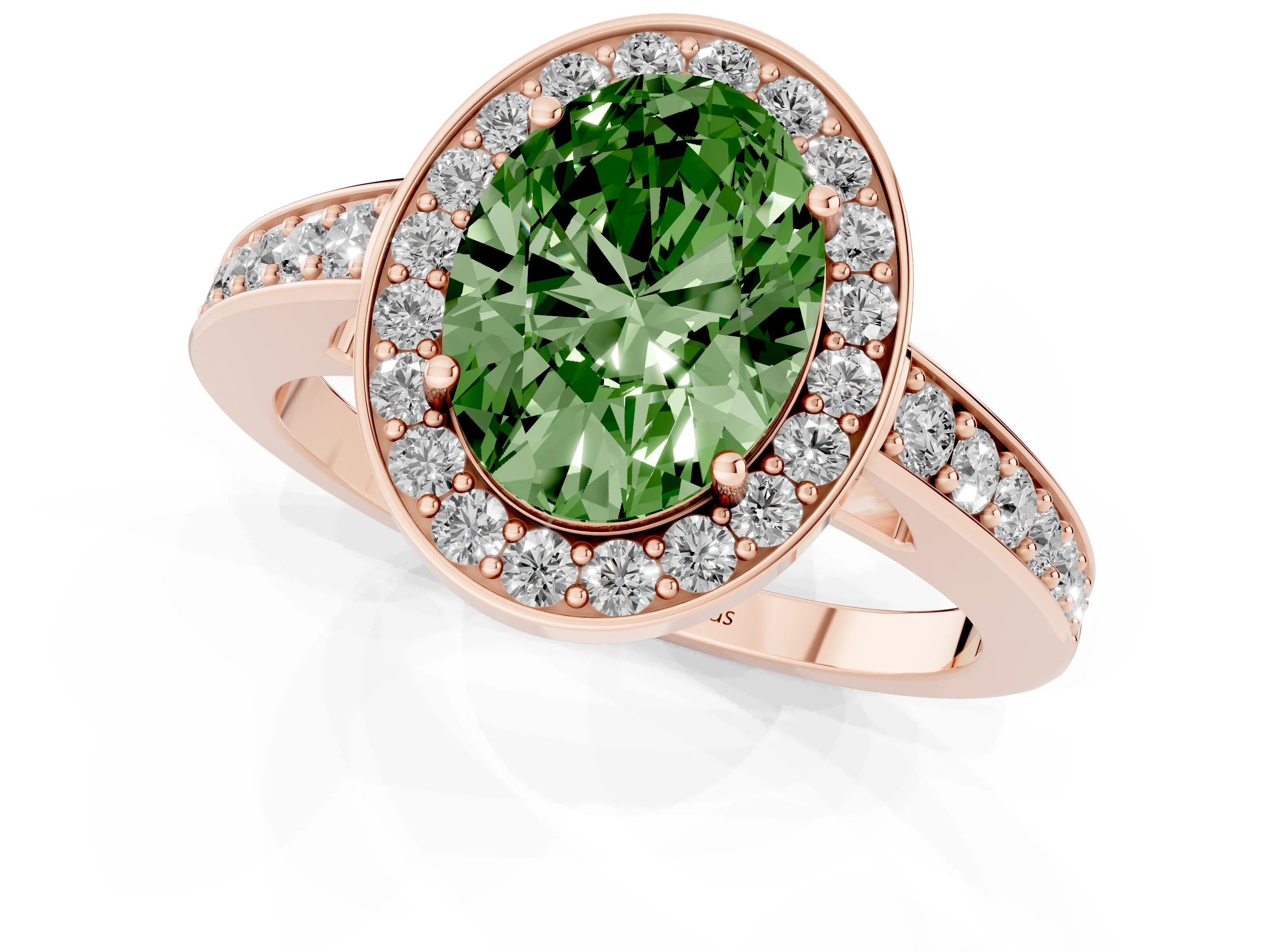 Fancy Green Oval Cut Diamond Halo Pavé Engagement Ring Set in Rose gold with Bezel Setting