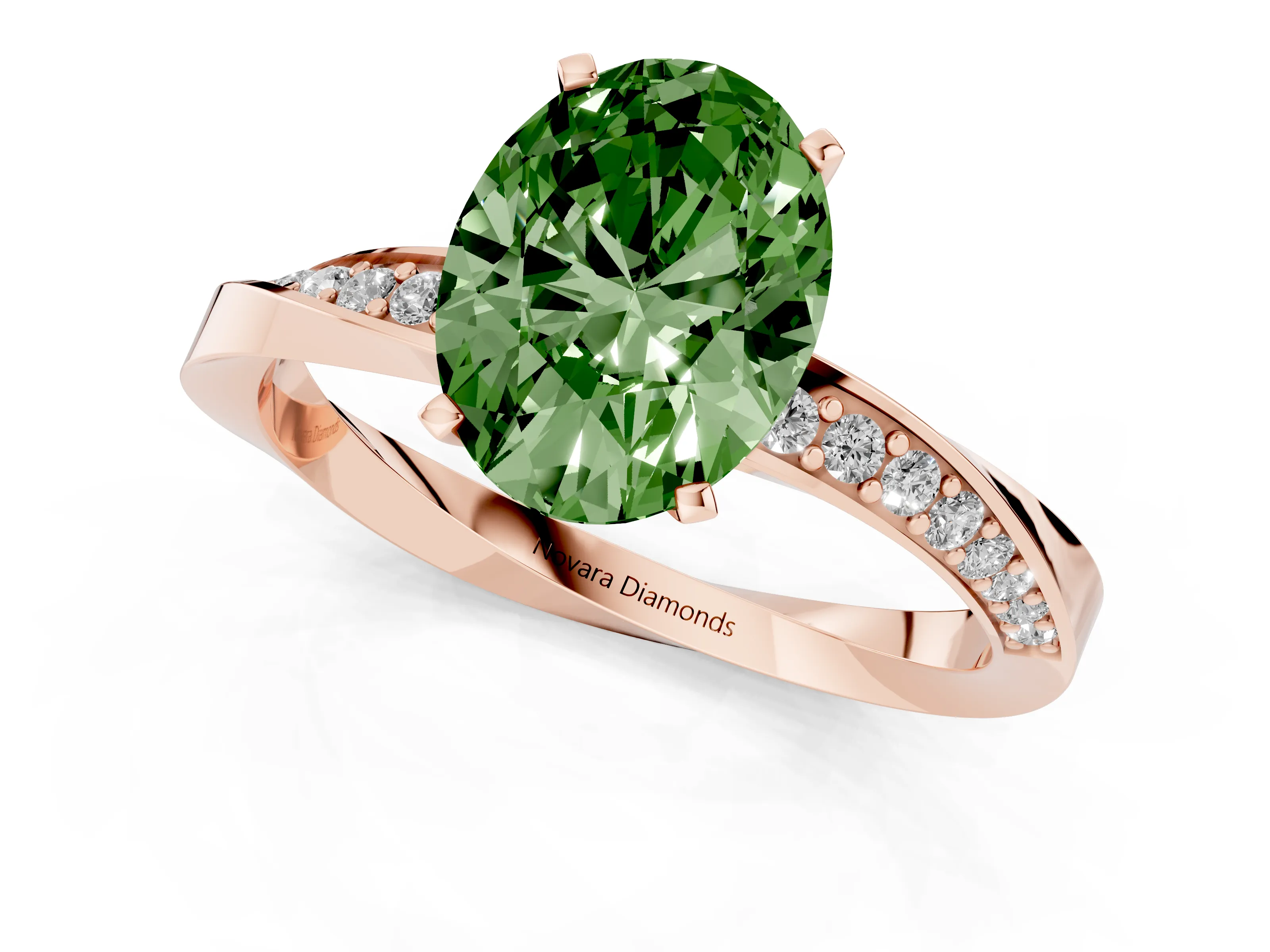 Fancy Green Oval Cut Diamond Engagement Ring Set in Rose gold with Side Stone Accents and Prong Setting