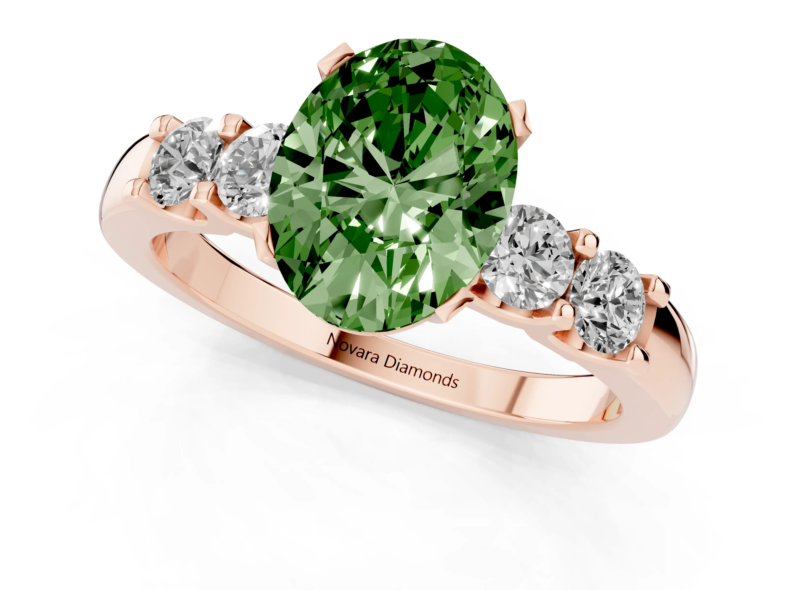 Fancy Green Oval Cut Diamond Five-Stone Prong Set Engagement Ring Set in Rose gold with Channel Band