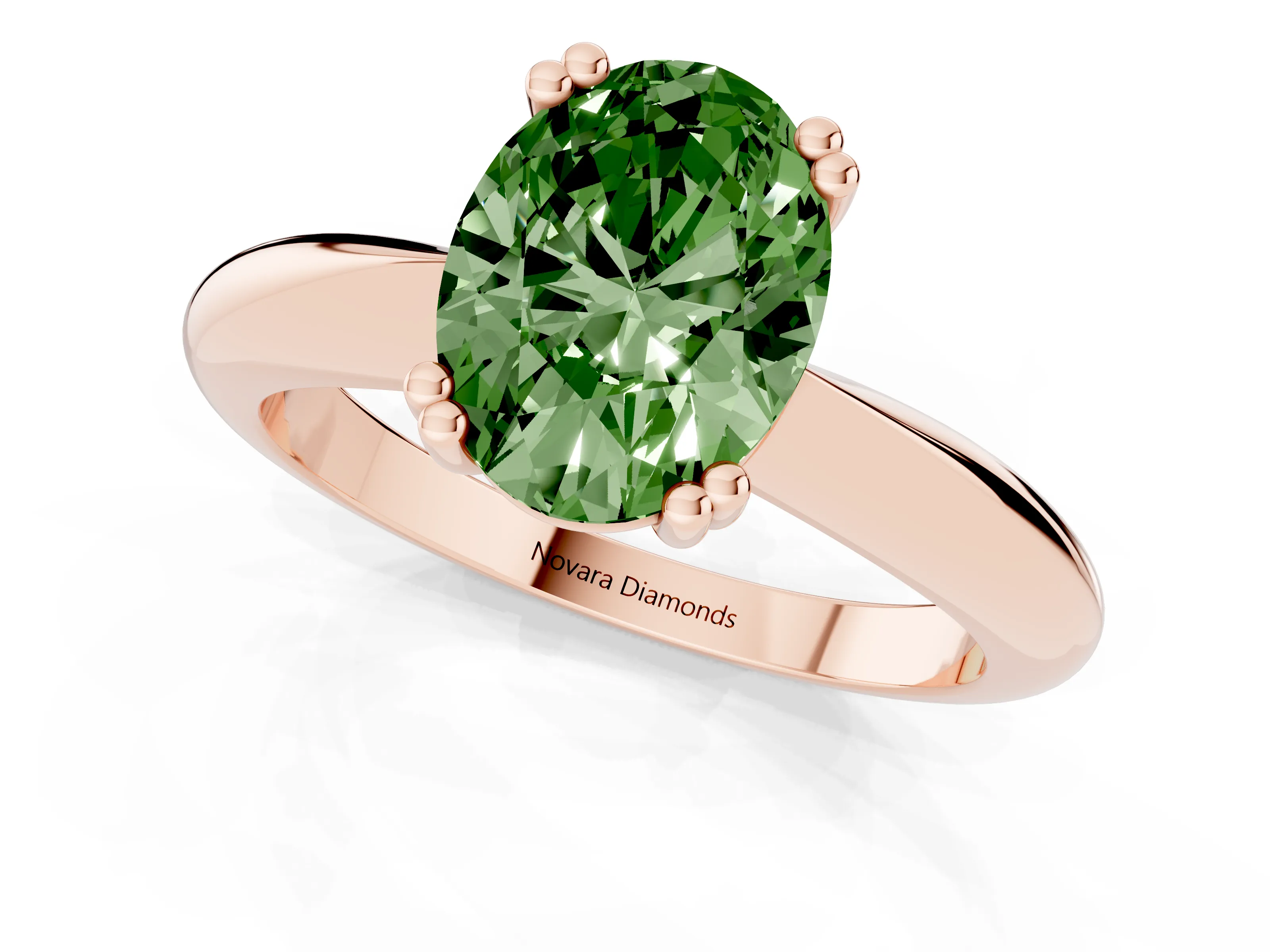 Fancy Green Oval Cut Diamond Solitaire Engagement Ring Set in Rose gold with Tapered Band and Prong Setting