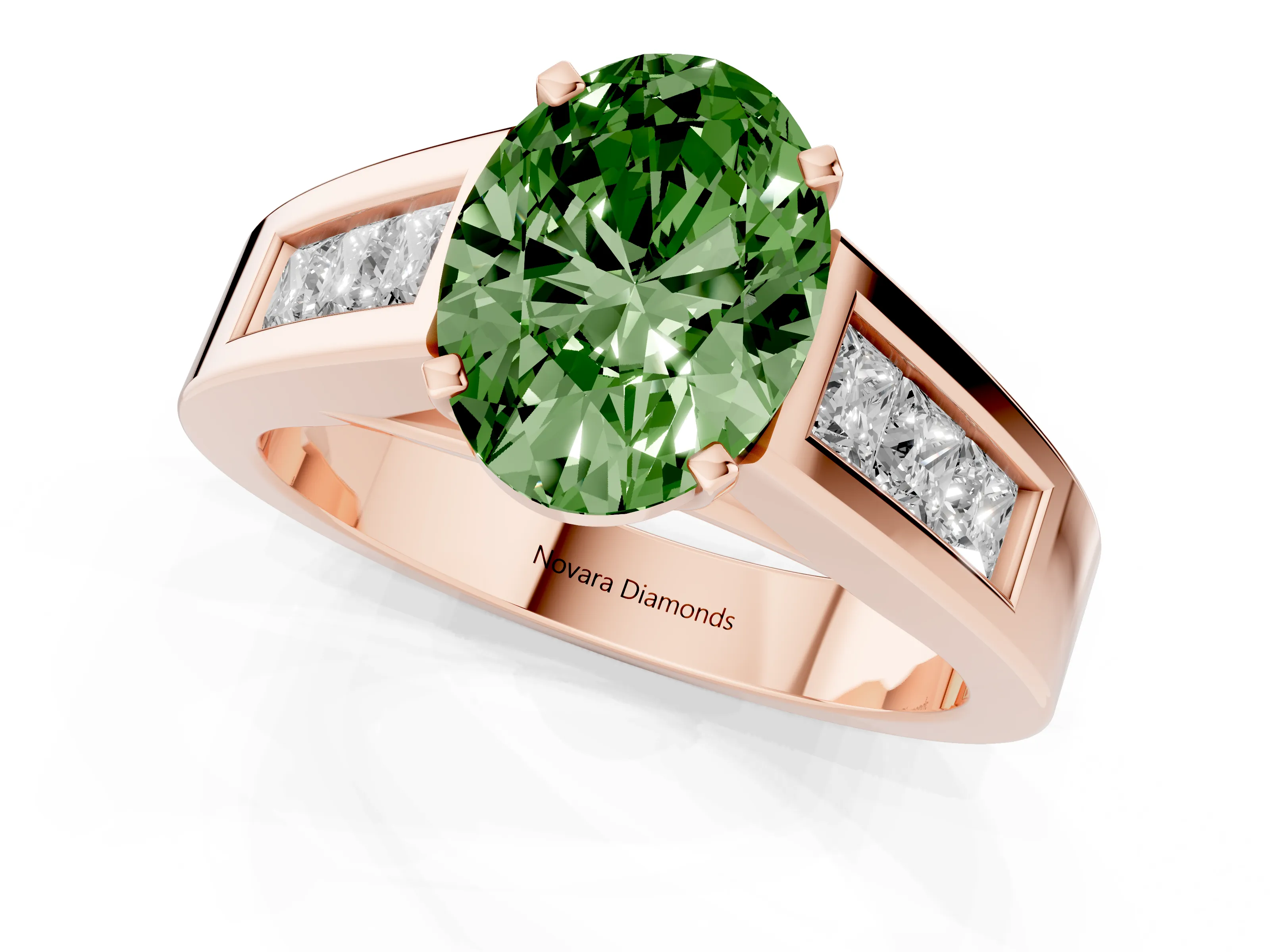 Fancy Green Oval Cut Diamond Solitaire Ring Set in Rose gold with Channel-Set Accent Stones and Prong Setting