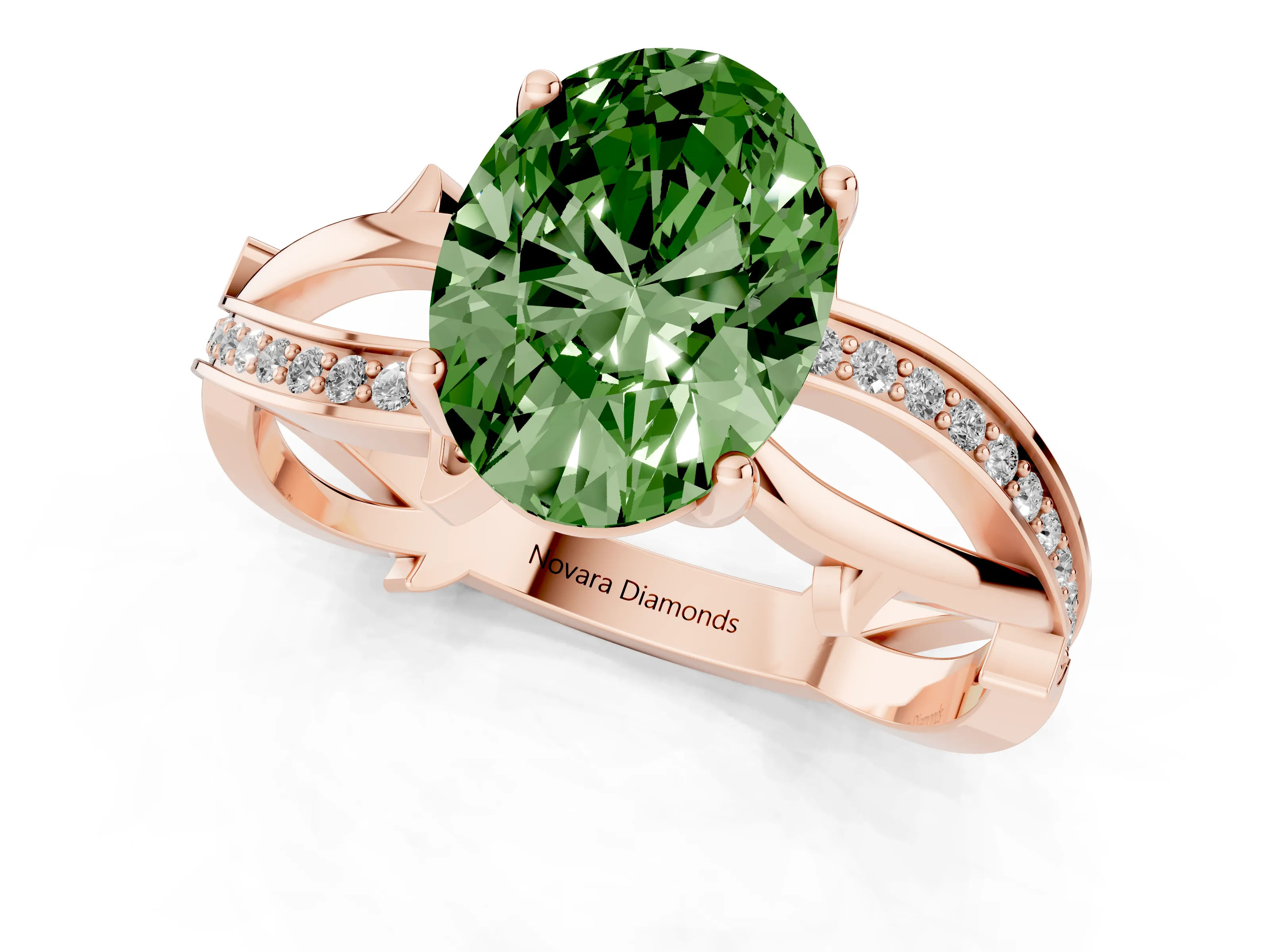 Fancy Green Oval Cut Diamond Pavé Twist Band Solitaire Ring Set in Rose gold with Prong Setting