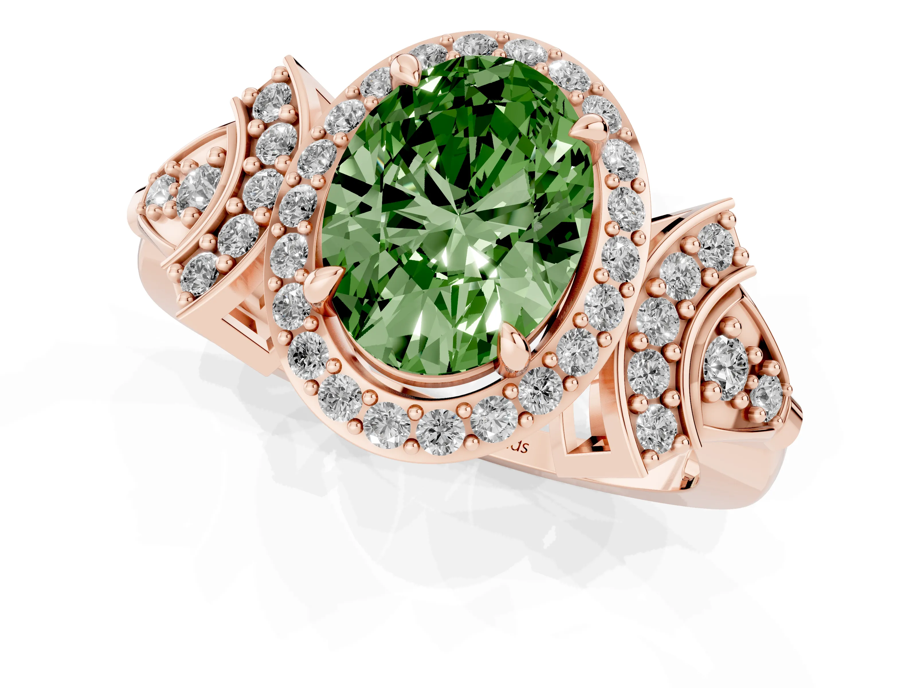 Fancy Green Oval Cut Diamond Halo Engagement Ring Set in Rose gold with Accent Stone Split Shank