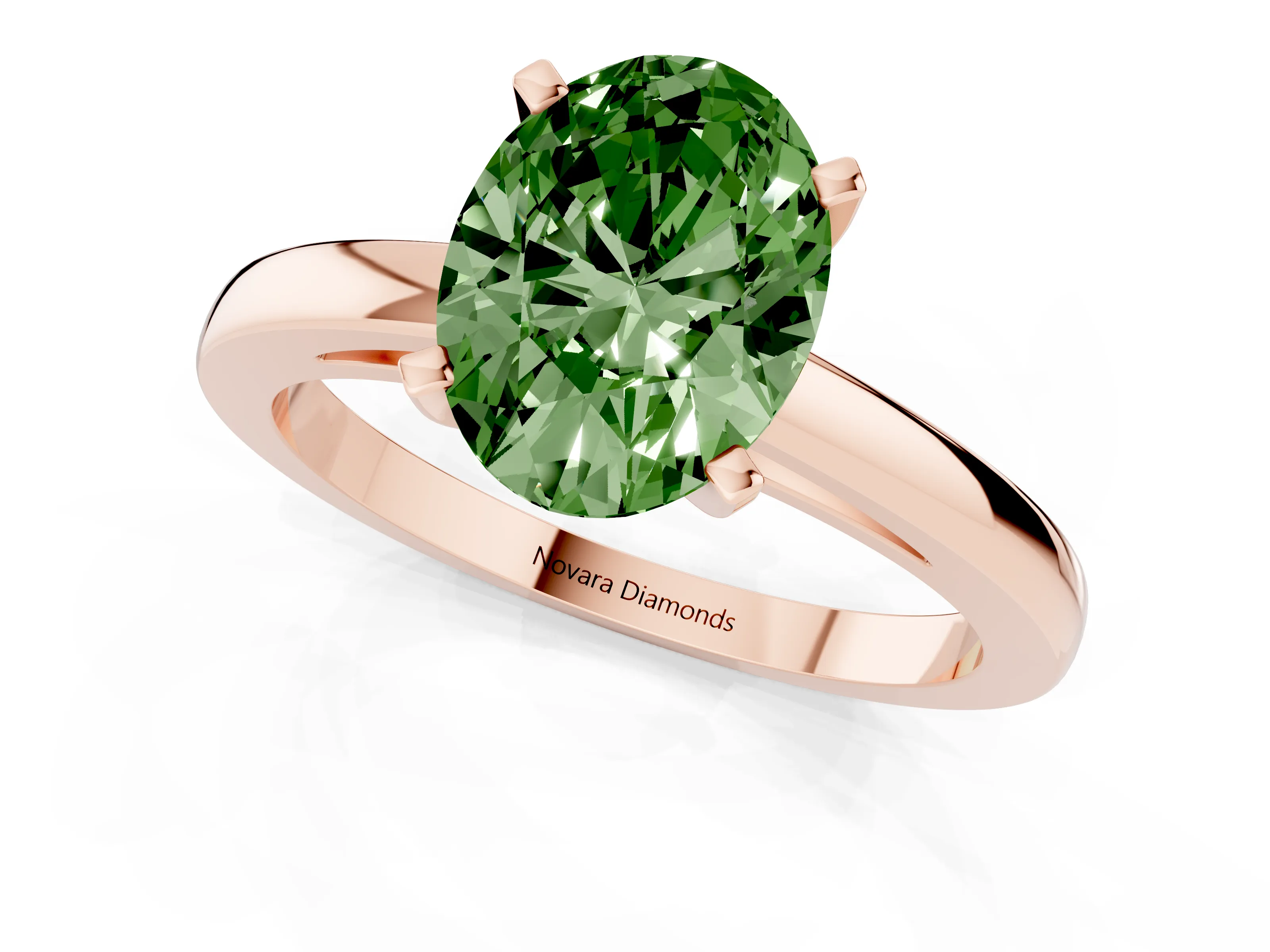 Fancy Green Oval Cut Diamond Solitaire Engagement Ring Set in Rose gold with Prong Setting on a Classic Band
