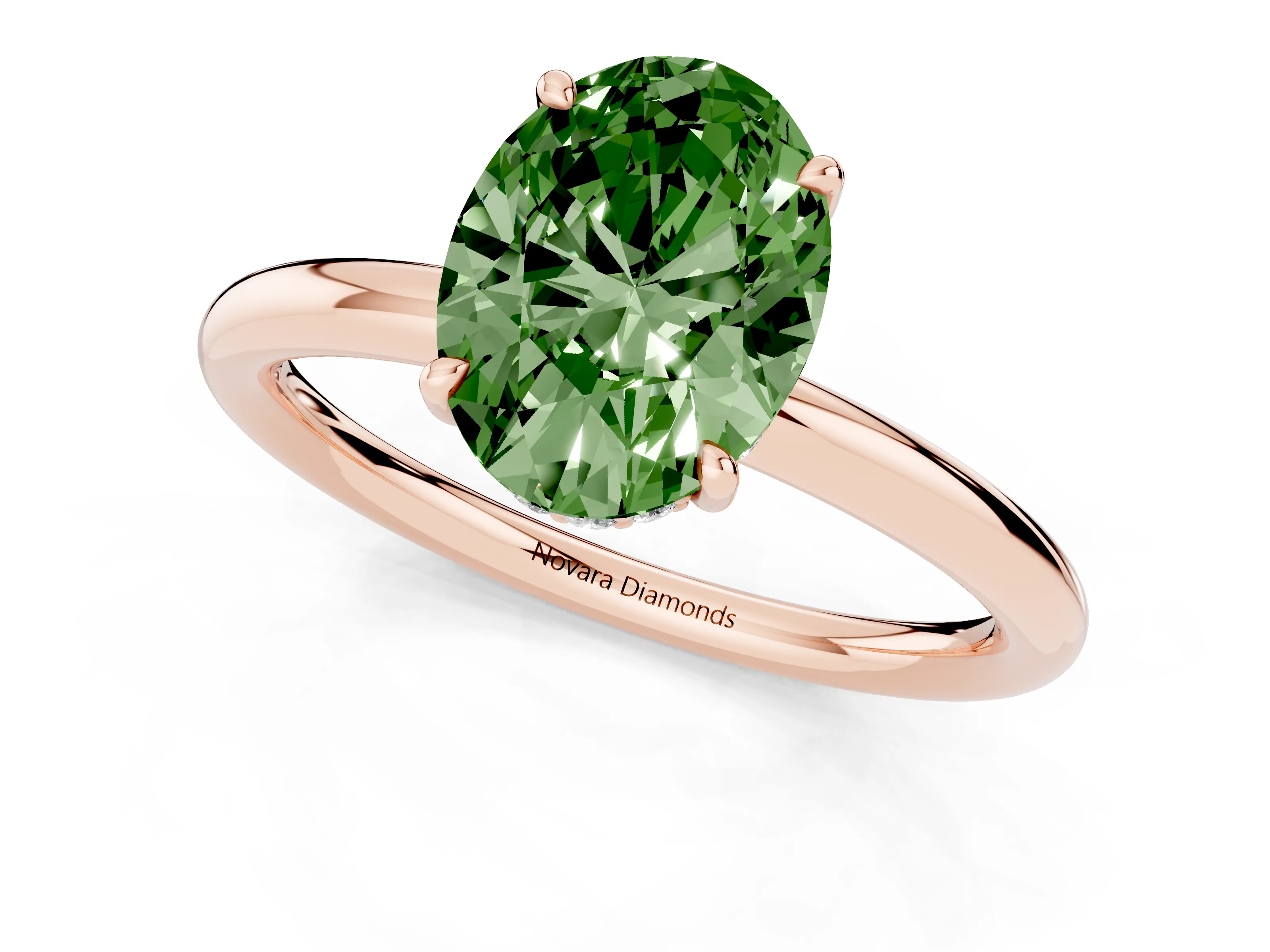Fancy Green Oval Cut Diamond Solitaire Ring Set in Rose gold with Thin Band and Prong Setting