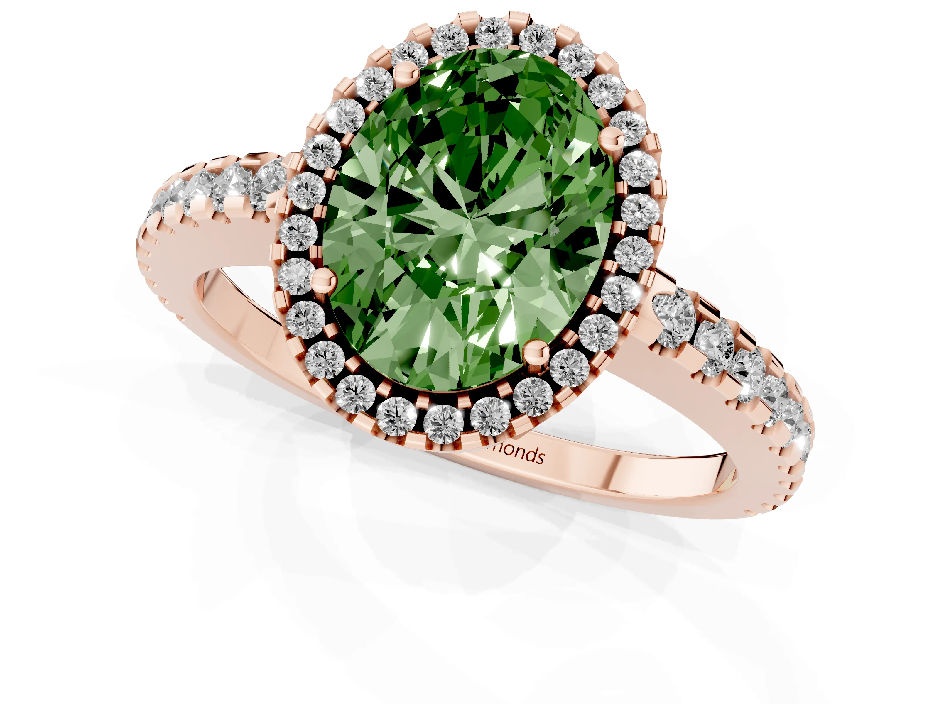 Fancy Green Oval Cut Diamond Halo Ring Set in Rose gold with Pavé Shoulders and Halo-Framed Center
