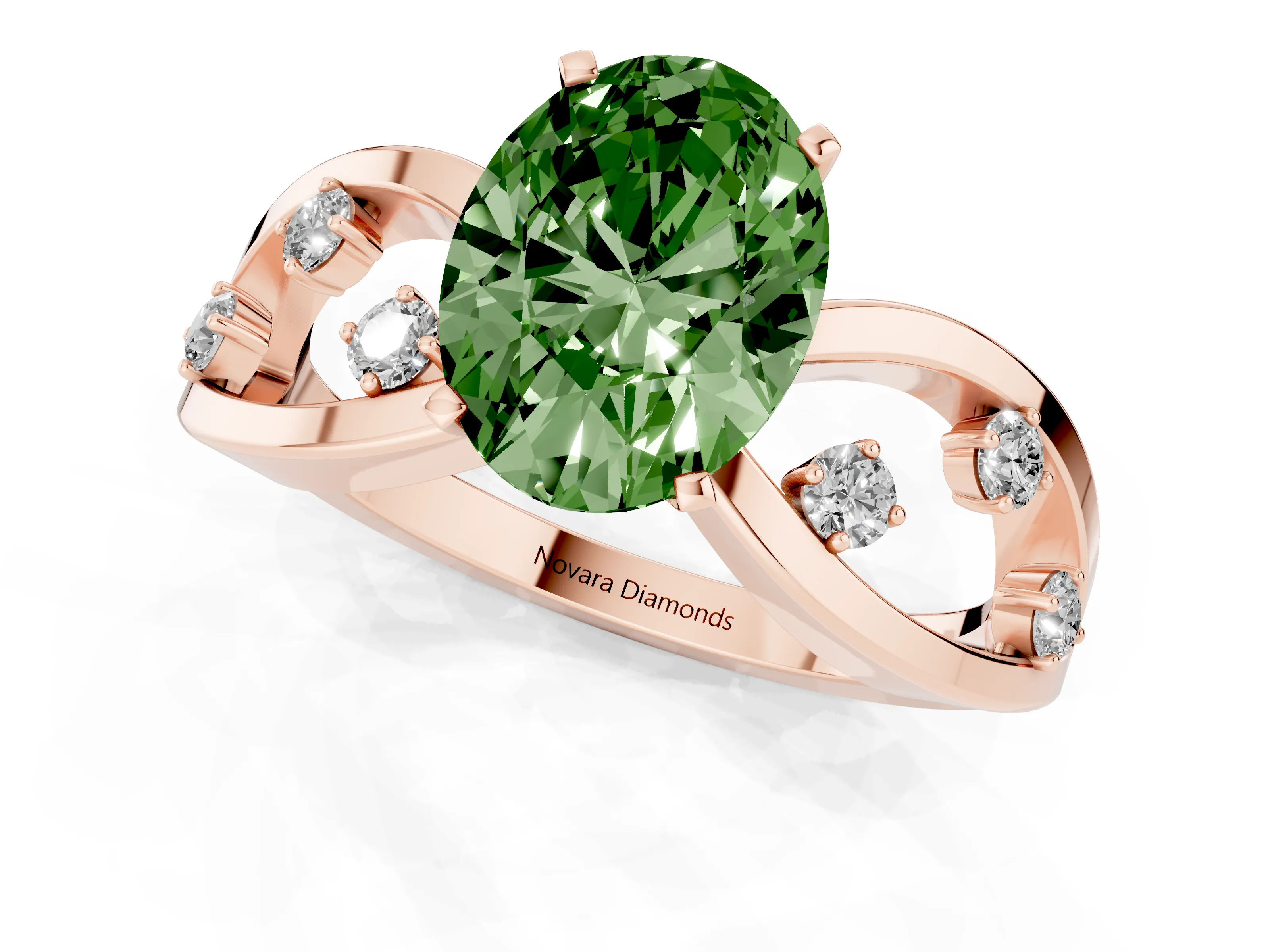 Fancy Green Oval Cut Diamond Solitaire Ring Set in Rose gold with Side Stones on Criss-Cross Band and Prong Setting