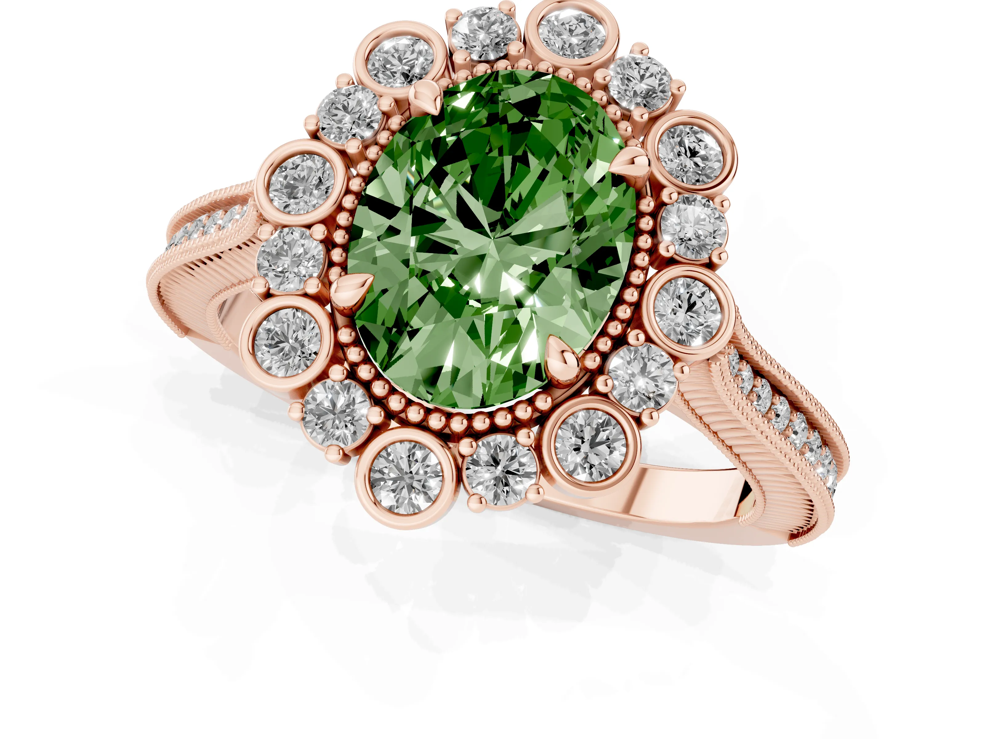Fancy Green Oval Cut Diamond Halo Milgrain Pavé Ring Set in Rose gold with Prong Setting