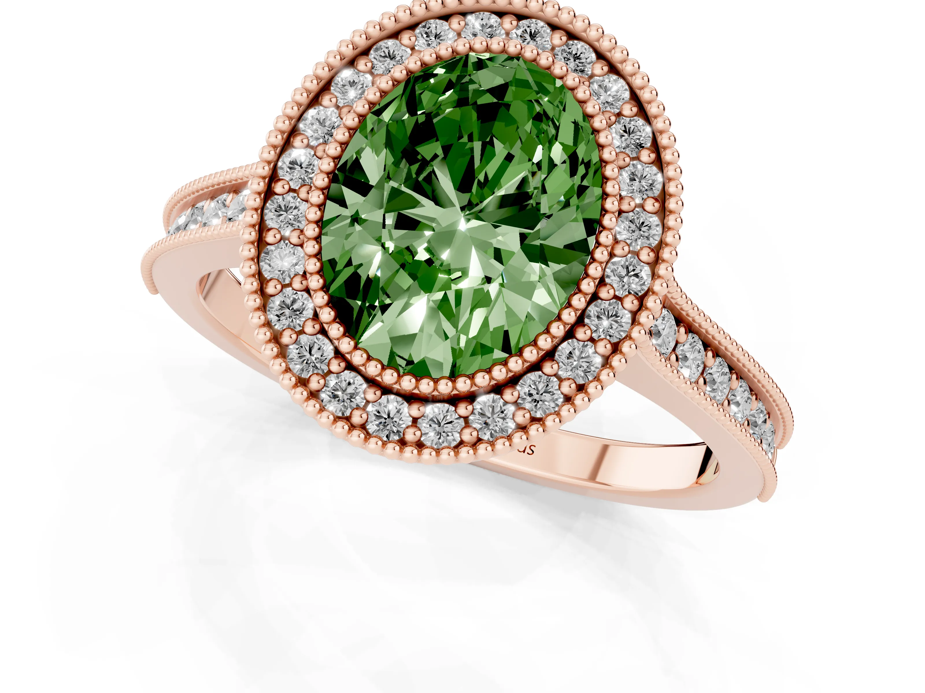 Fancy Green Oval Cut Diamond Halo Milgrain Pavé Band Ring Set in Rose gold with Prong Setting