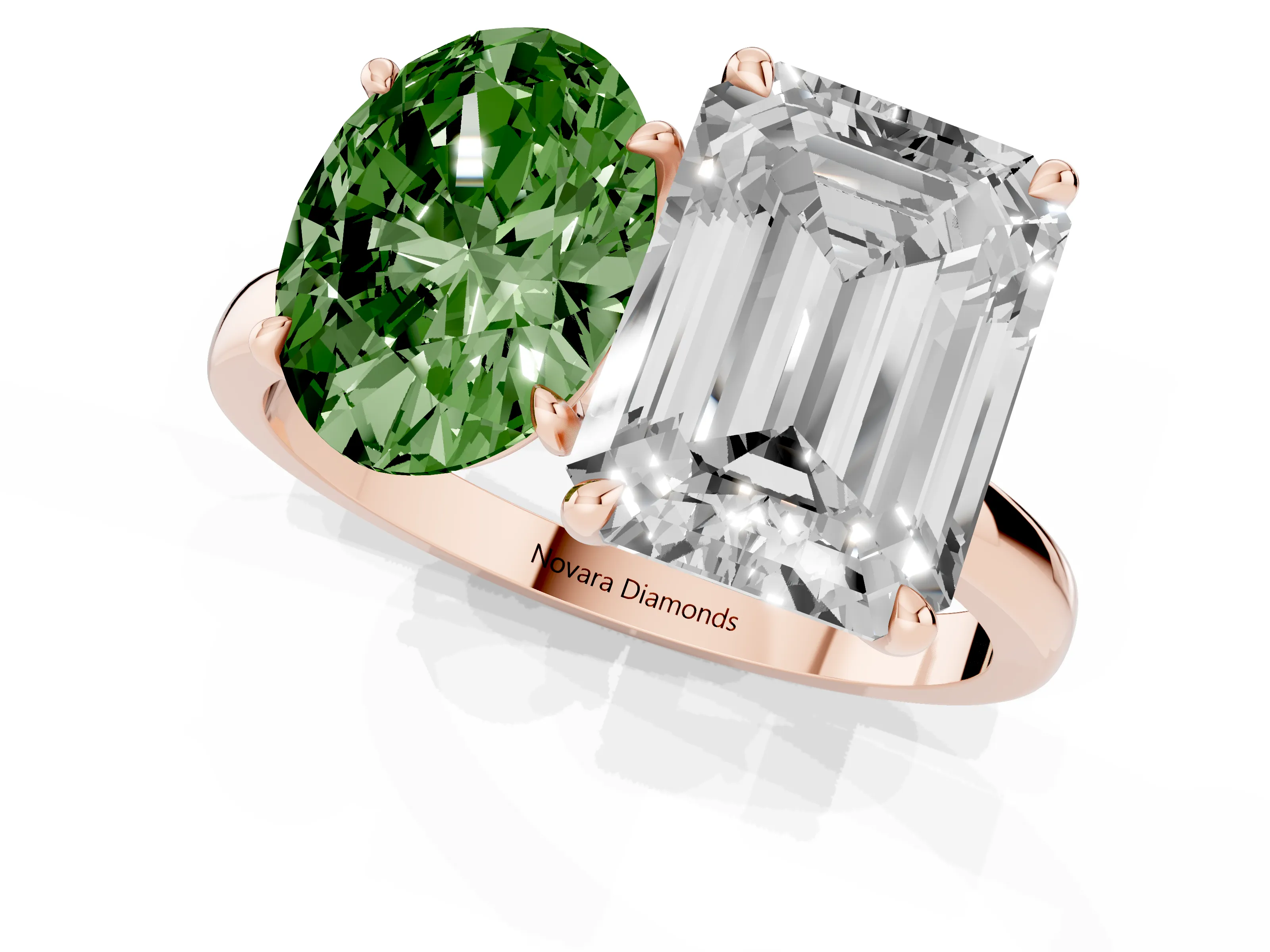 Fancy Green Oval Cut and Emerald Cut Toi Moi Ring Set in Rose gold with Prong Setting