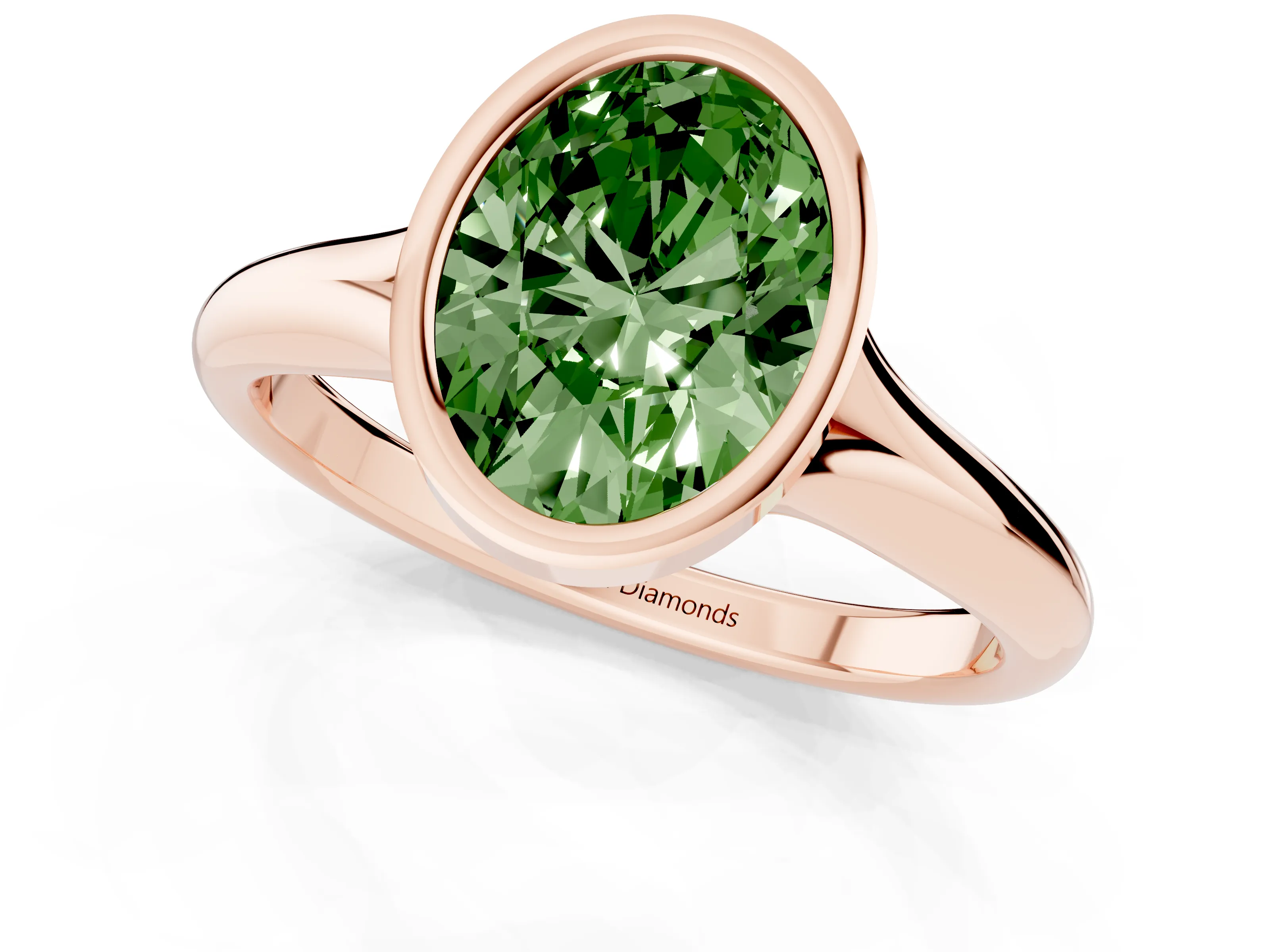 Fancy Green Bezel Set Oval Cut Diamond Solitaire Ring Set in Rose gold with Smooth Band