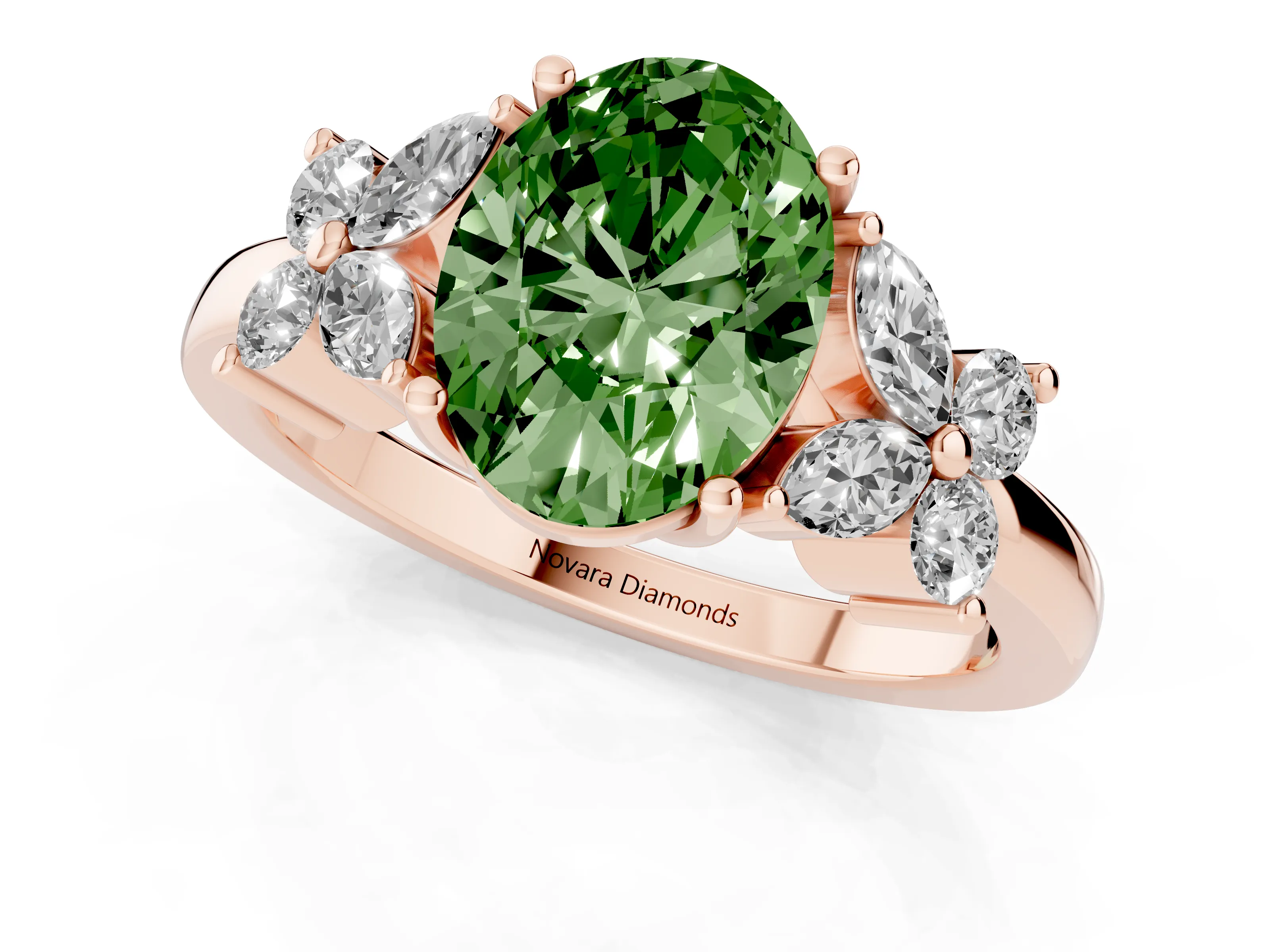 Fancy Green Oval Cut Diamond Floral Cluster Ring Set in Rose gold with Marquise Petals and Prong Setting