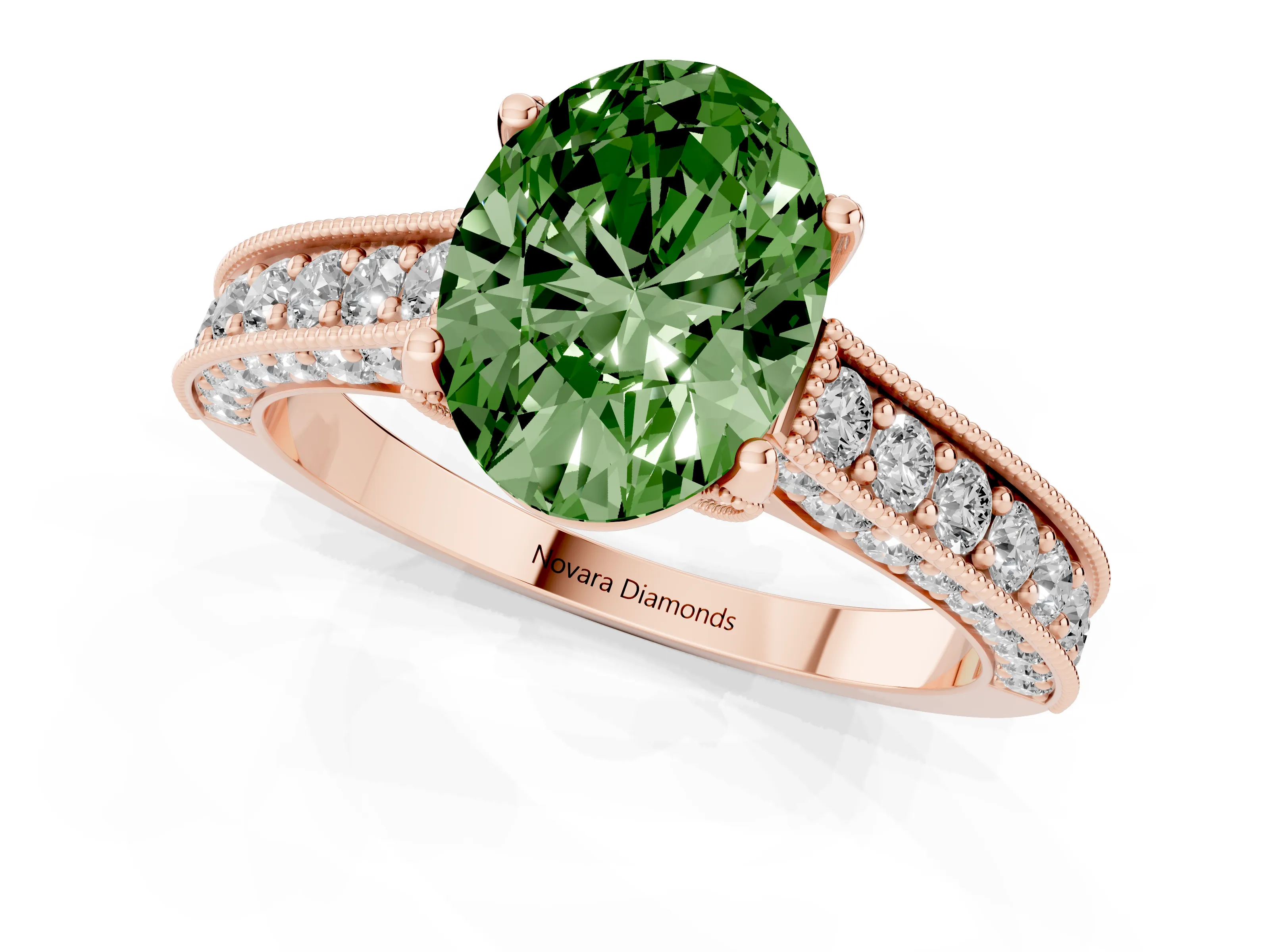 Fancy Green Oval Cut Diamond Solitaire Ring Set in Rose gold with Milgrain-Edged Pavé Band and Prong Setting