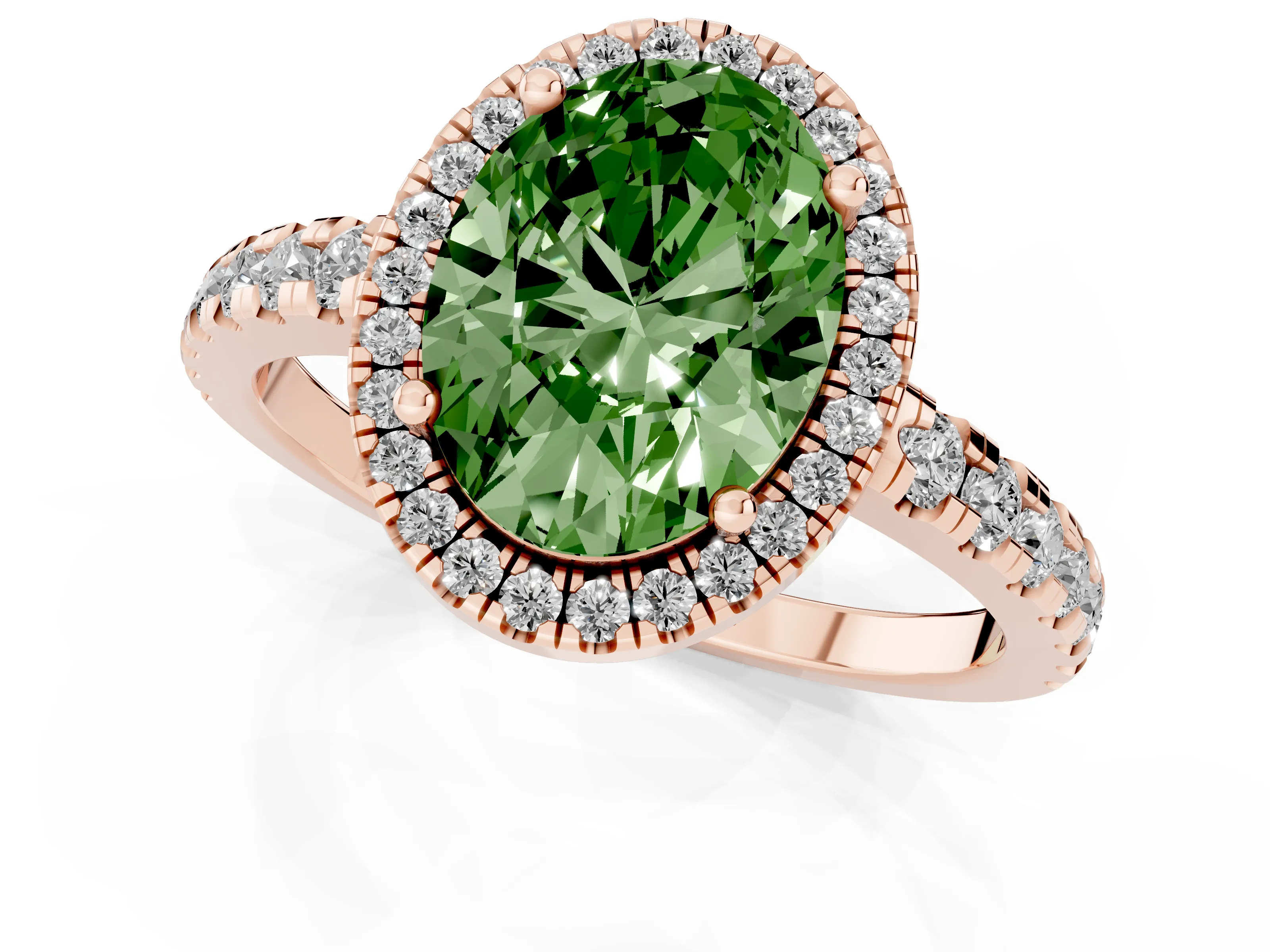 Fancy Green Oval Cut Diamond Halo Ring Set in Rose gold with Delicate Pavé Band and Prong Setting