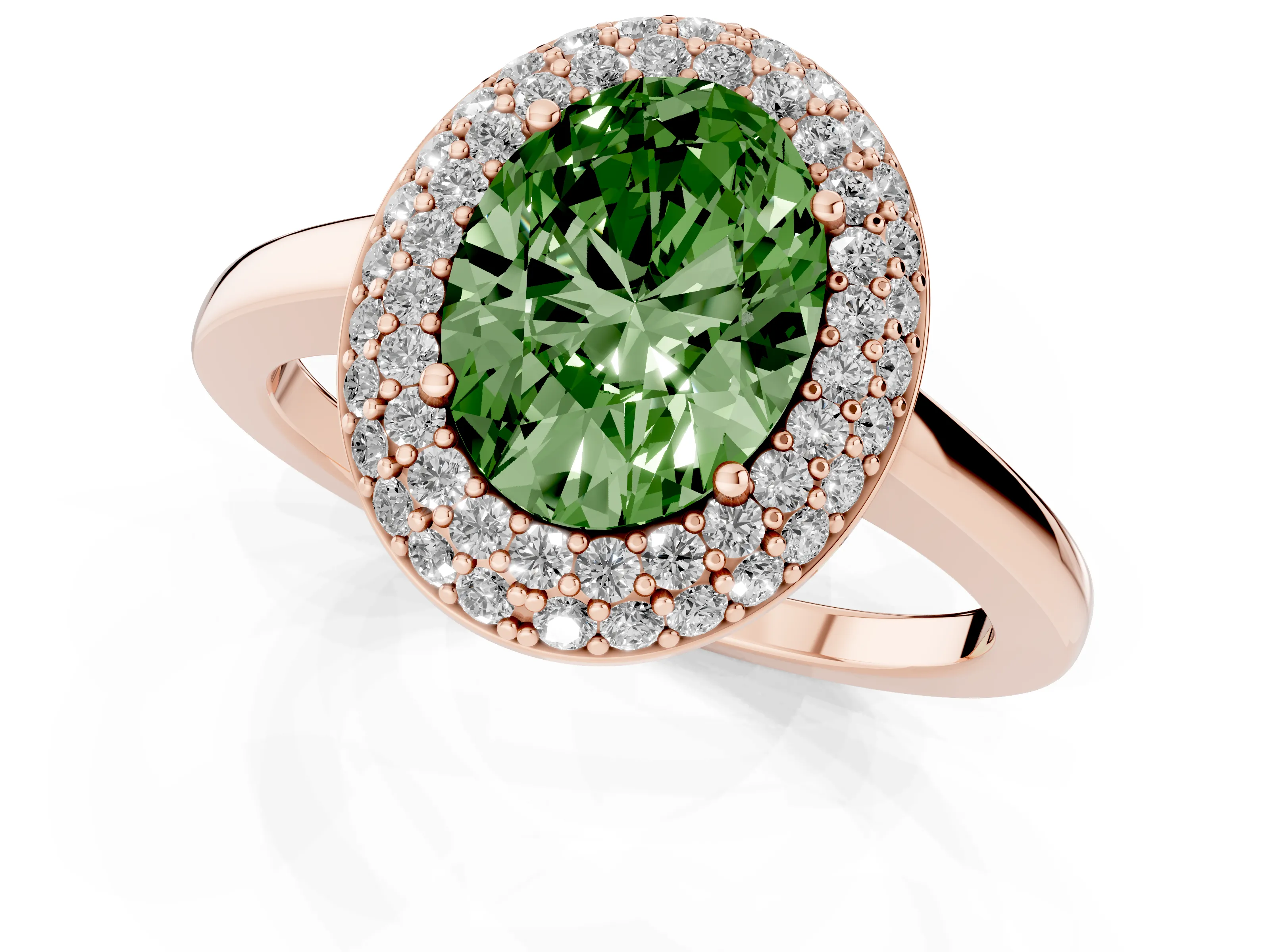 Fancy Green Oval Cut Diamond Halo Engagement Ring Set in Rose gold with Solitaire Band and Prong Setting