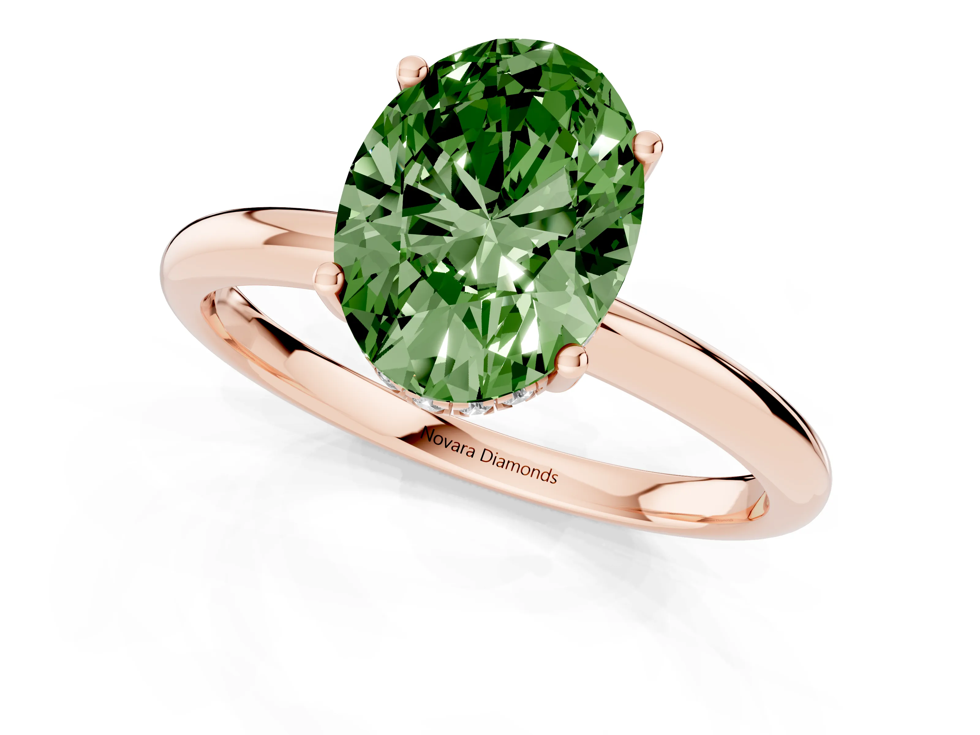 Fancy Green Oval Cut Diamond Solitaire Engagement Ring Set in Rose gold with Prong Setting and Polished Band