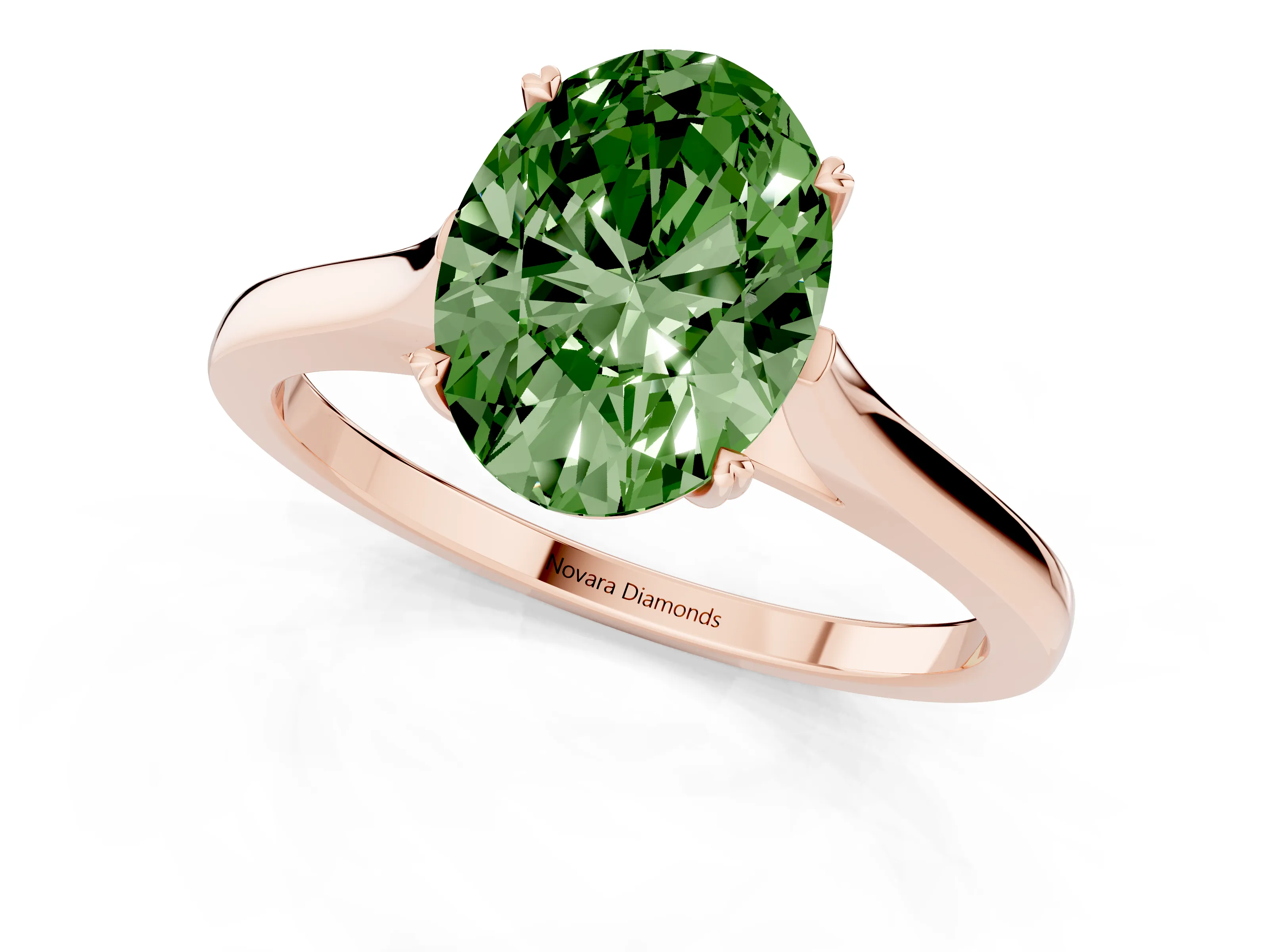 Fancy Green Oval Cut Diamond Solitaire Heart Prong Engagement Ring Set in Rose gold with Tapered Band