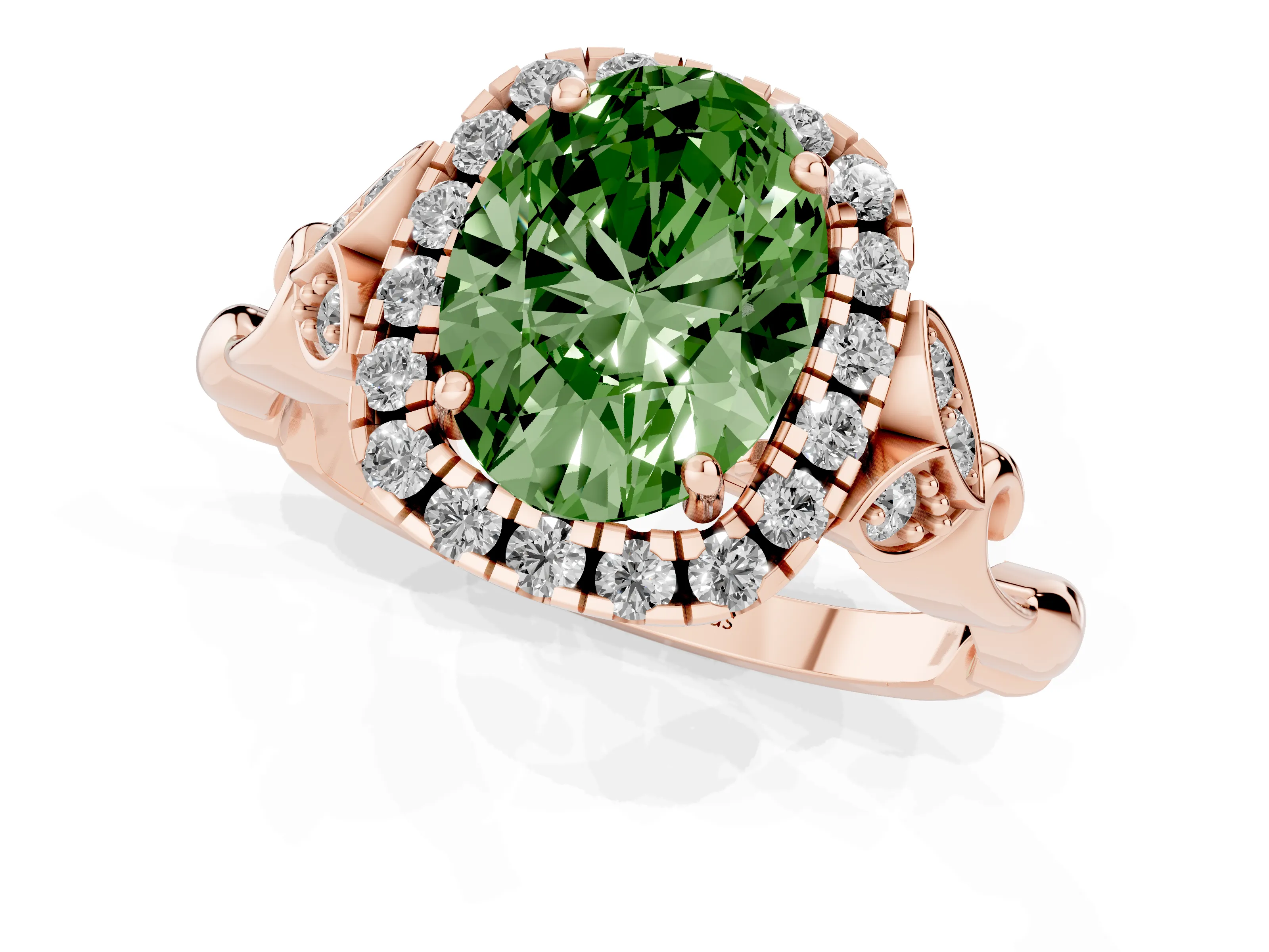 Fancy Green Oval Cut Diamond Halo Engagement Ring Set in Rose gold with Vintage-Inspired Band and Prong Setting