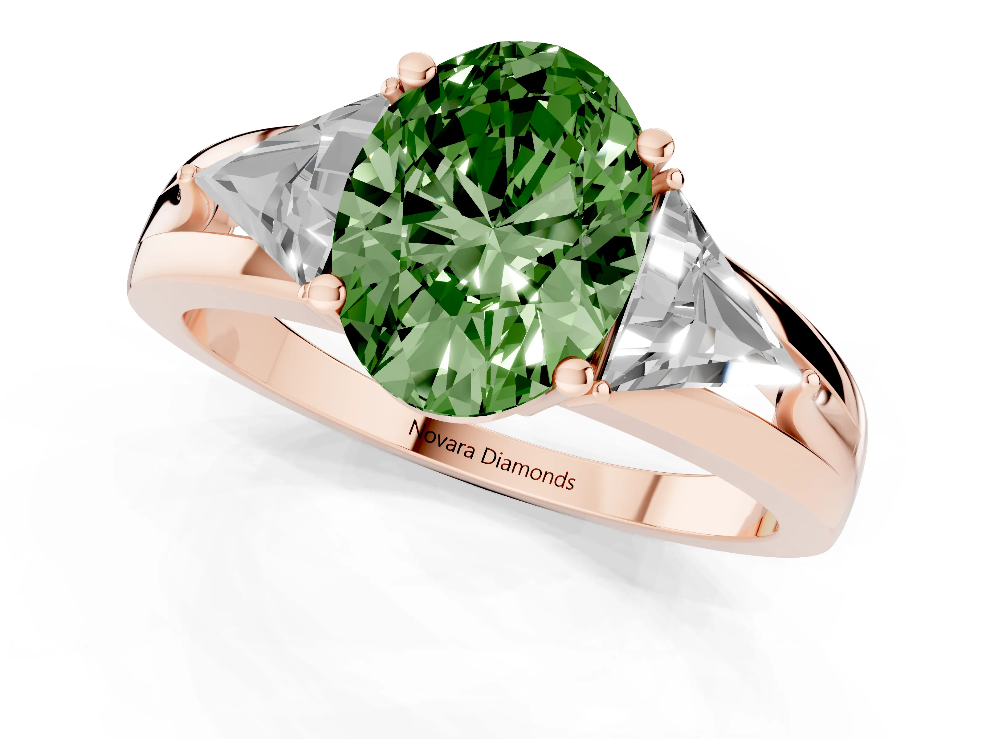 Fancy Green Oval Cut Diamond Three-Stone Ring Set in Rose gold with Trillion Side Stones and Split Shank