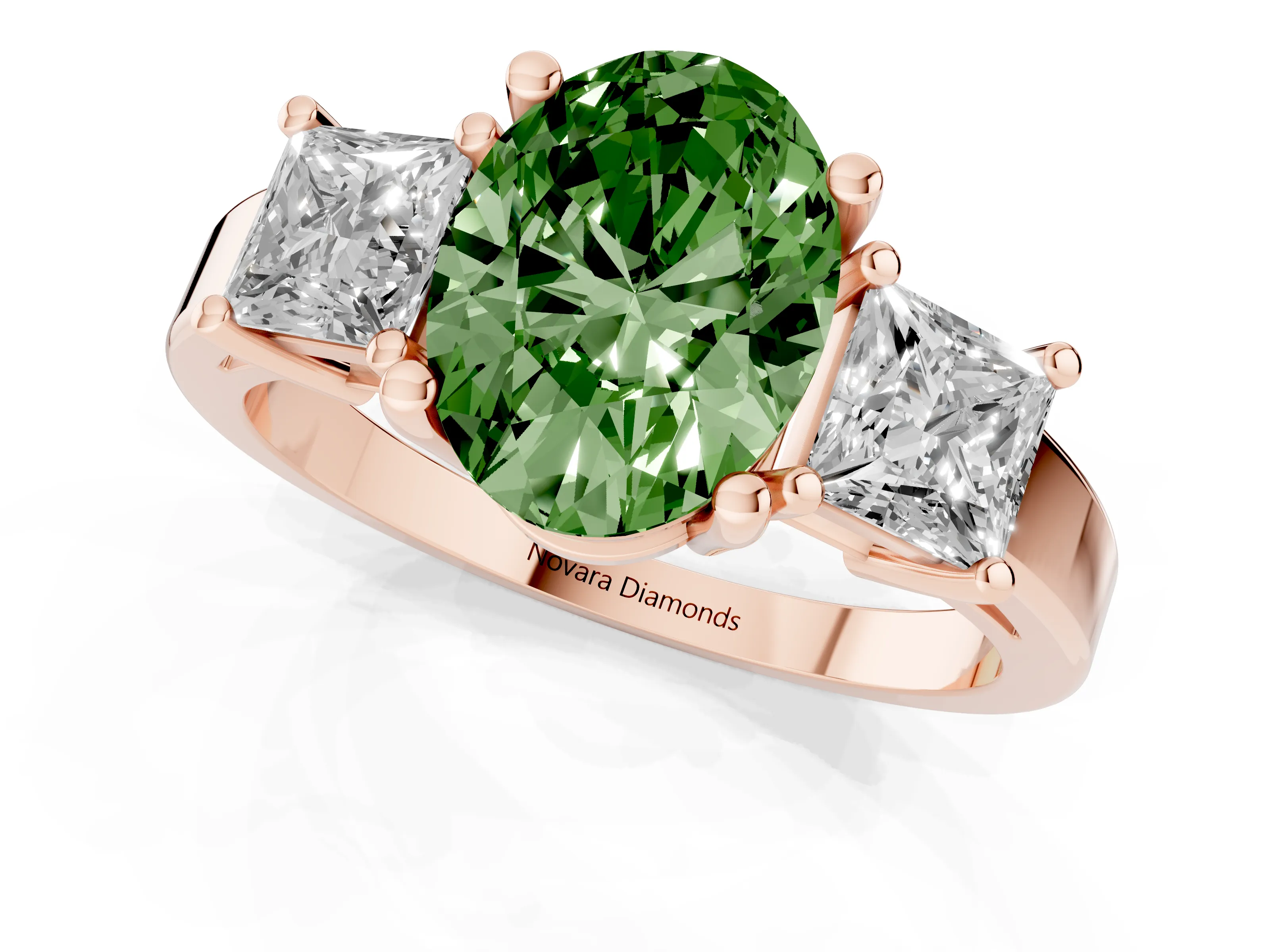 Fancy Green Three-Stone Oval Cut Diamond Solitaire Ring Set in Rose gold with Prong Setting
